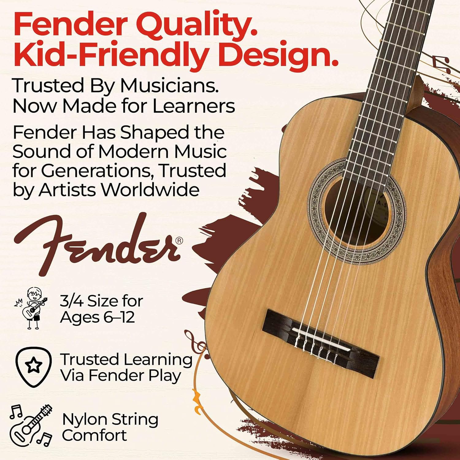 Fender FA-15N 3/4-Size Kids Classical Guitar - Natural Learn-to-Play Bundle with Gig Bag, Tuner, Picks and Austin Bazaar Instructional DVD