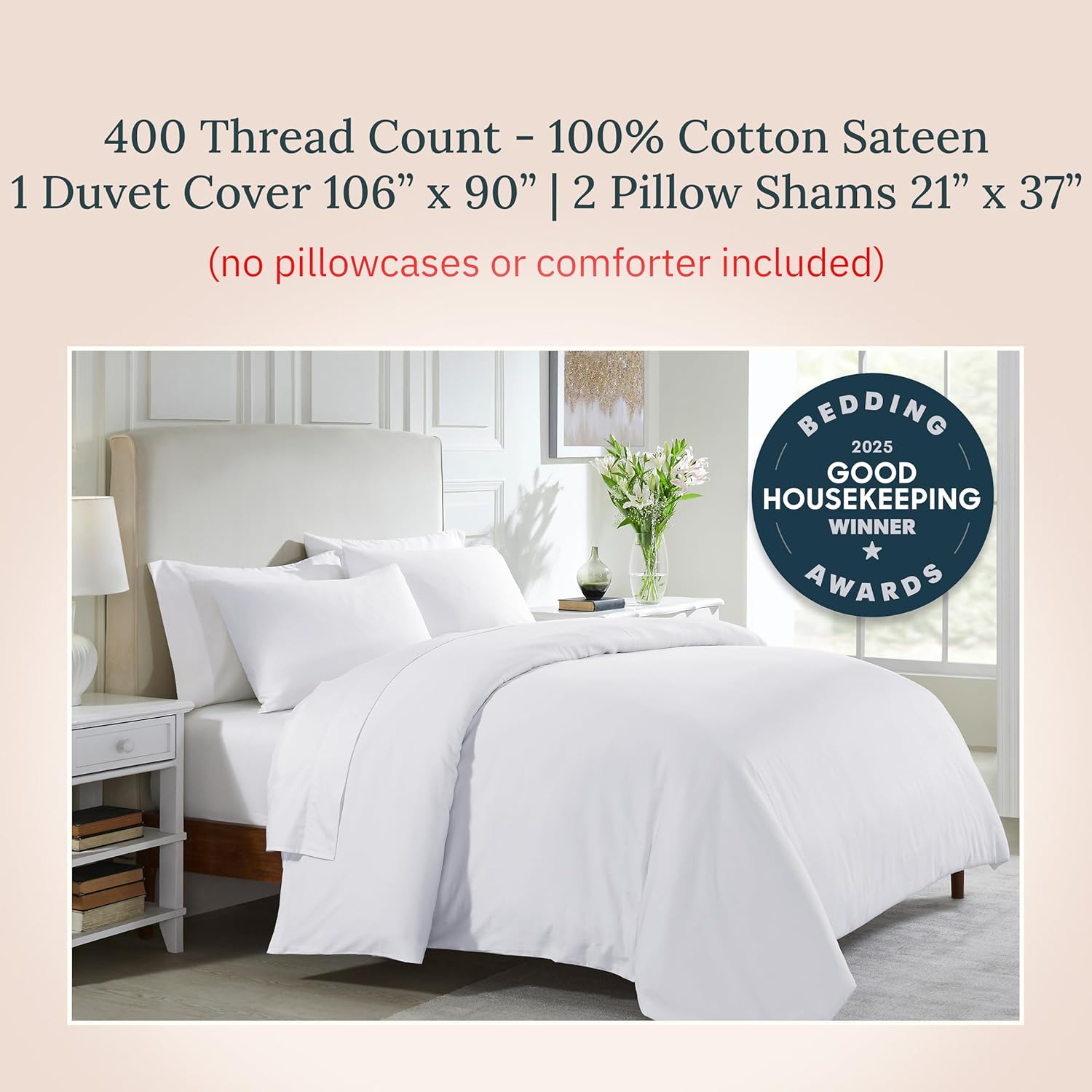 California Design Den 3 Pc White King Duvet Cover Set - Winner Good Housekeeping Best Bedding Awards 2025, 400 Thread Count Sateen, 100% Cotton Duvet Cover Set, Button Closure, Corner Ties - White