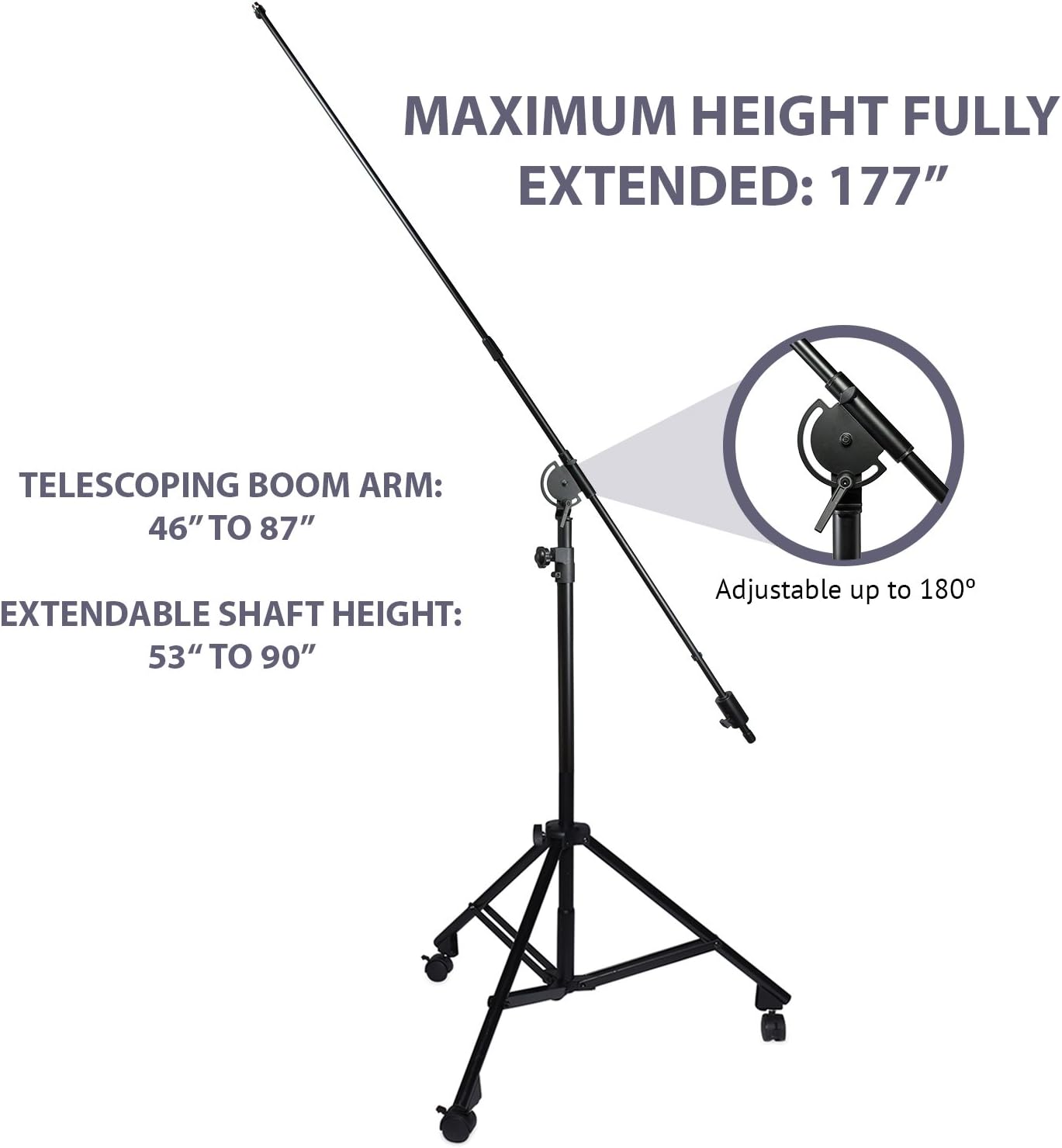 LyxPro Professional Microphone Stand Heavy Duty 90” Studio Overhead Boom Stand with Rolling Caster Wheels, 87” Extra Long Telescoping Arm Mount, Foldable Tripod Legs & Adjustable Counterweight
