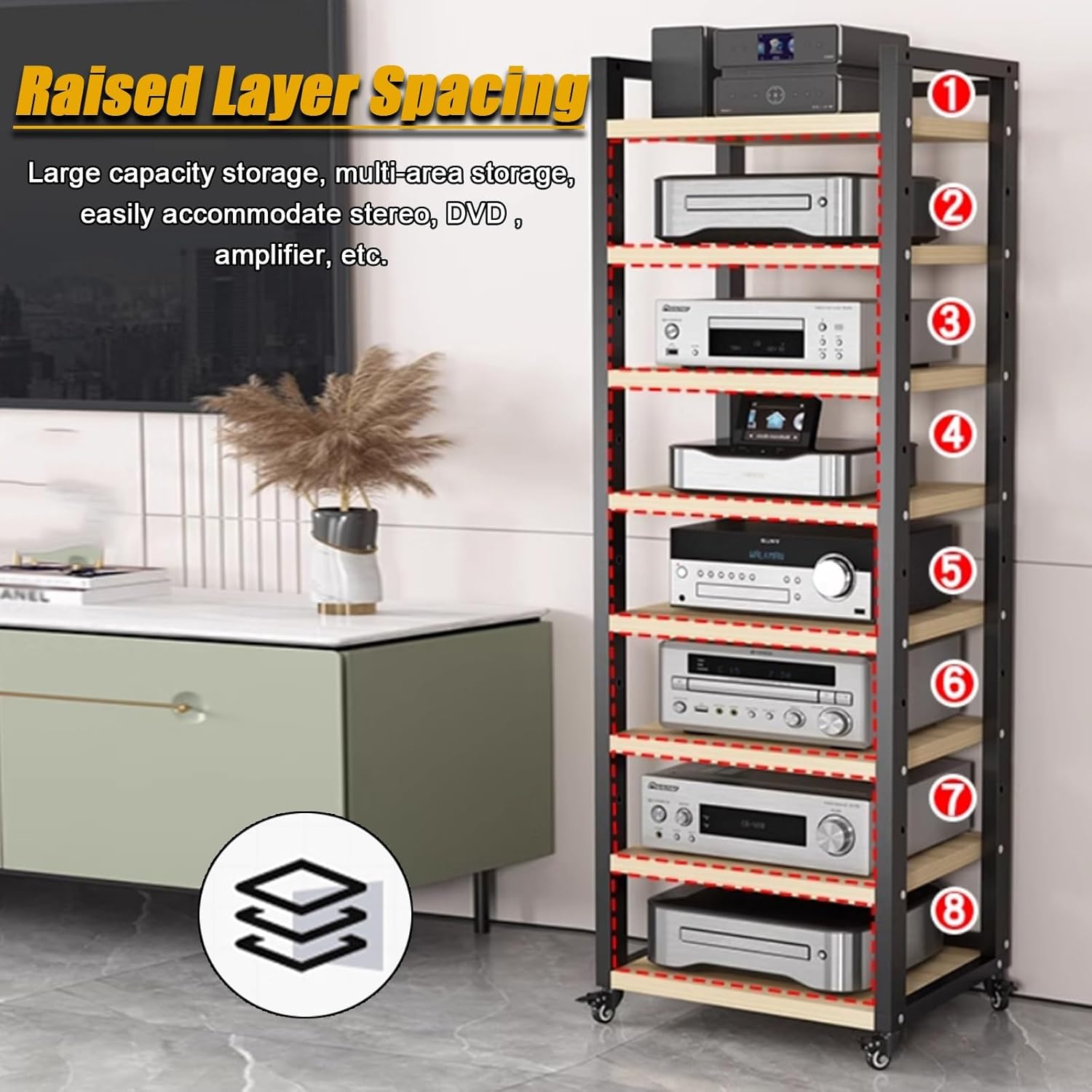 5/6/7/8-tier Media Stand AudioComponent Cabinet with Wheels, Rolling Video Game Console Shelf, Heavy Duty Adjustable Stereo Media Rack, for Home/Office/Coffee Shop,Black 6 Layer 50cm/19.7in