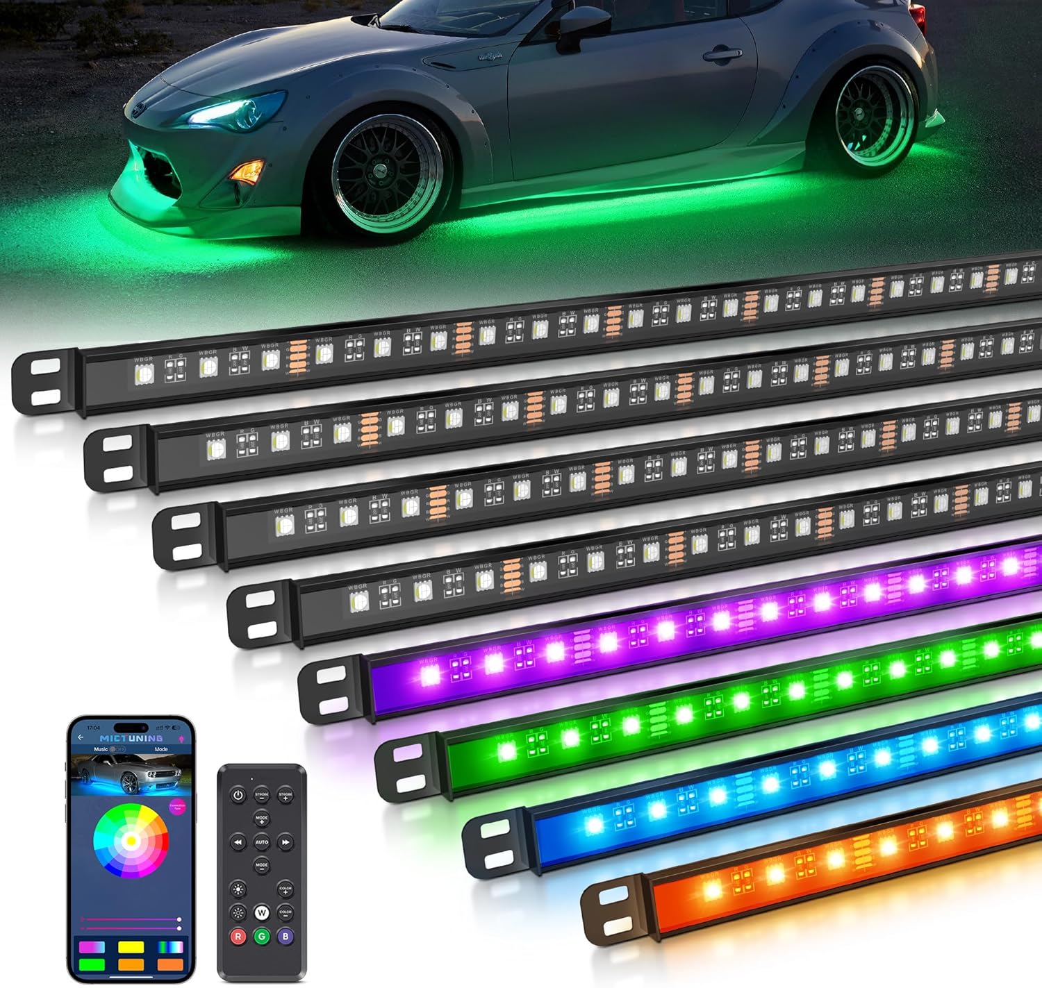 MICTUNING N8 Aluminum RGBW LED Car Underglow Light Kit, Exterior Underbody Multicolor Light Strip, Multi Mode Soundsync Neon Accent Light Bar, IP68 Waterproof, Wireless App & Remote Dual Control 8PCS