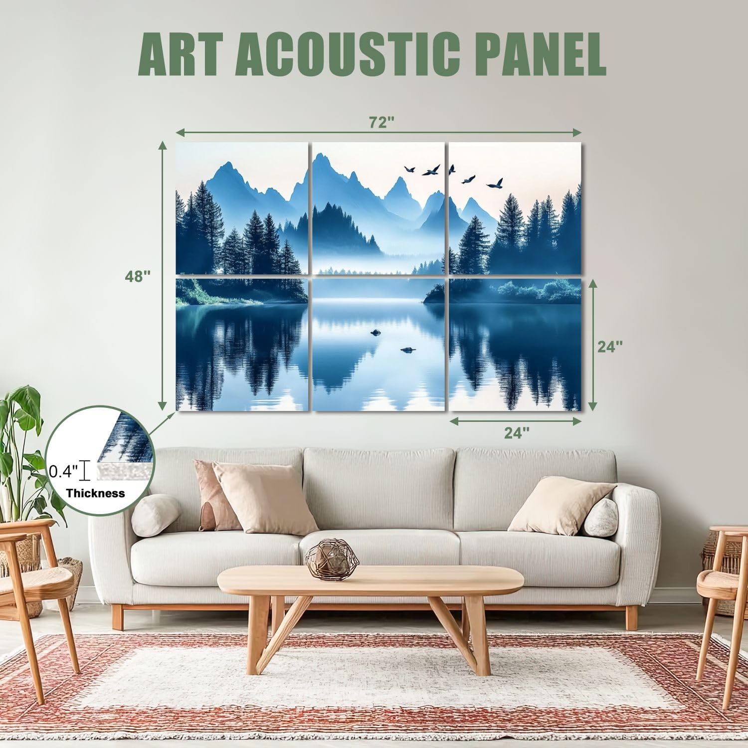 6 Pack Art Acoustic Panels Sound Absorbing Forest Modern Blue Mountains Lake Pine Trees Birds Flight Misty Decorative Soundproof Wall Panels Self Adhesive for Recording Studios Office 72