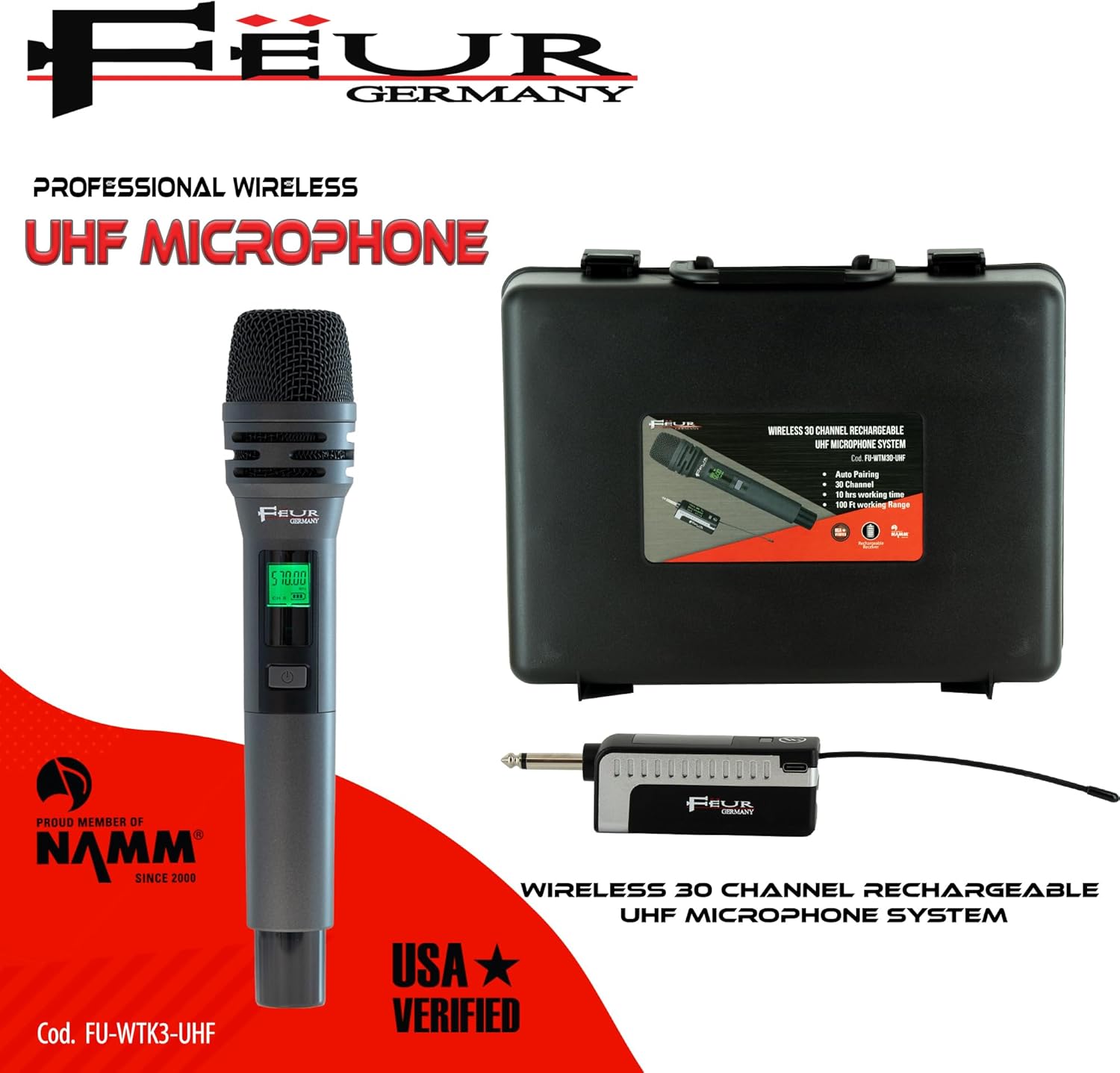 FEUR UHF Dynamic Wireless Microphone System - Wireless 30 Channel - Rechargeable Microphone System Ideal for Karaoke and Live Performances (FU-WTM30-UHF)