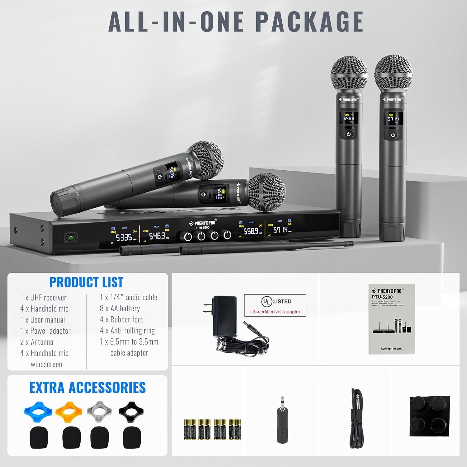 Phenyx Pro UHF Wireless Handheld Microphone System PTU-5200-4H Bundle with 6Ft XLR Snake Cable