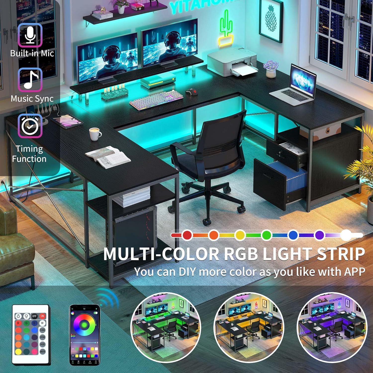 YITAHOME U Shaped Desk with Power Outlets & LED Lights, 79