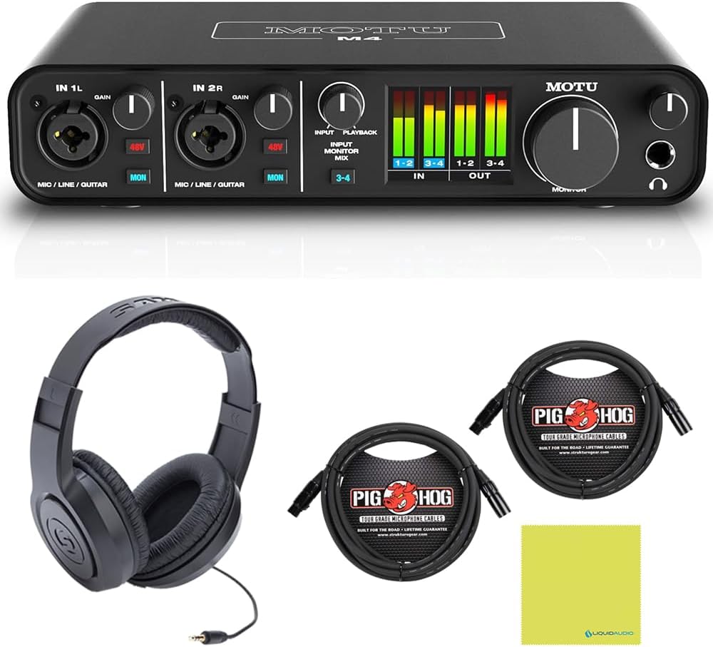 MOTU M4 4x4 USB-C Audio Interface Bundle w/Samson SRH350 Over-Ear Stereo Headphones, 2-Pack Pig Hog PHM10 8mm XLR Mic Cable and Liquid Audio Polishing Cloth