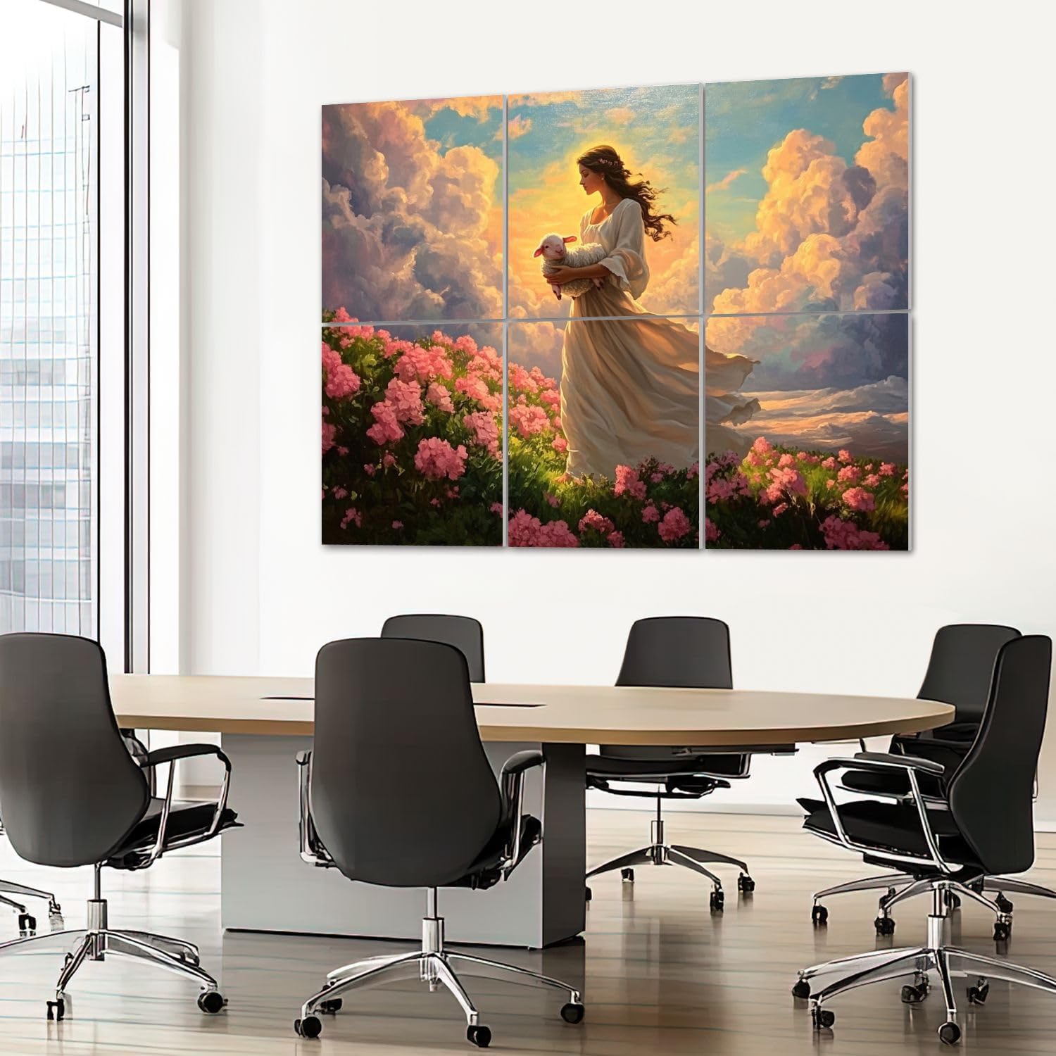 6 Pack Art Acoustic Panels Sound Absorbing Lamb Pink Flower Field Modern Theme Christian Christ Spiritual Flowers Decorative Soundproof Wall Panels Self Adhesive for Recording Studios Office 72