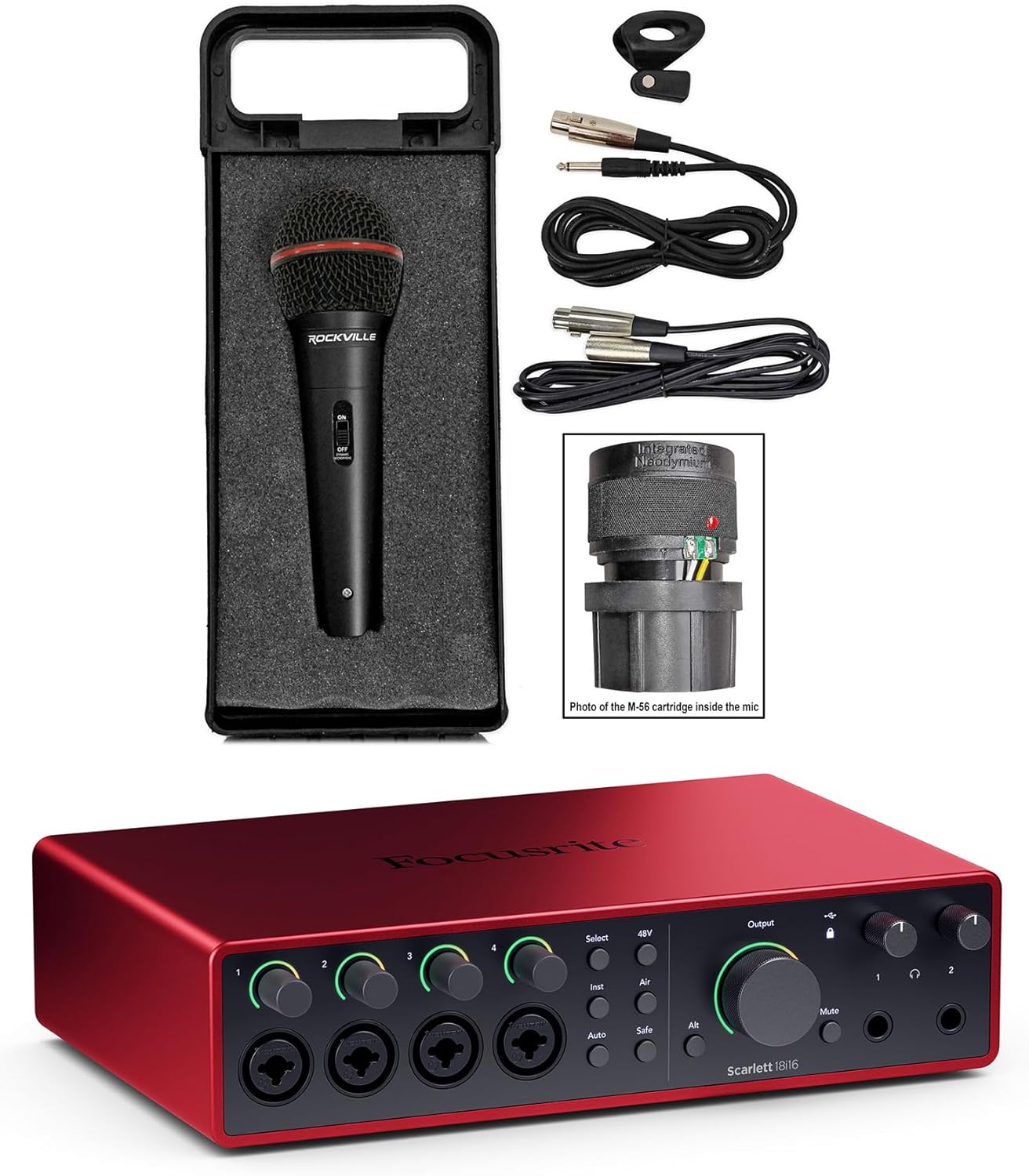 Audiosavings Bundle: SCARLETT 18I16 4G 4th Gen 24-bit 192 kHz Audio Recording Interface Bundle with Rockville RMIC-SR Handheld DJ Vocal Recording Wired Microphone+Cables+Mic Case (2 Items)