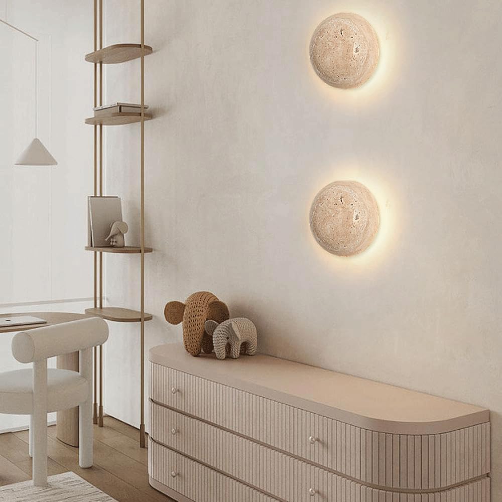 5.9in Round Natural Stone Shade Wall Light Corner Porch Wall Sconce LED Modern Wall Lamp Vintage Japanese Wabi Sabi Bedside Wall Lights Fixtures for Porch Workshop Kitchen Living Room