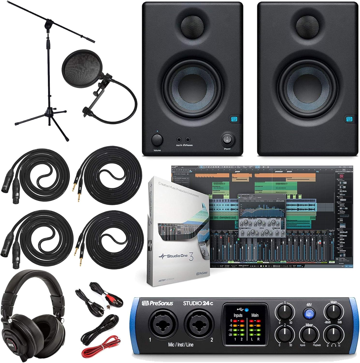 PreSonus Studio 24c 2x2 USB Type-C Audio/MIDI Interface w/Eris 3.5 Pair Studio Monitors and 1/4” Instrument Cables and LyxPro Recording Bundle