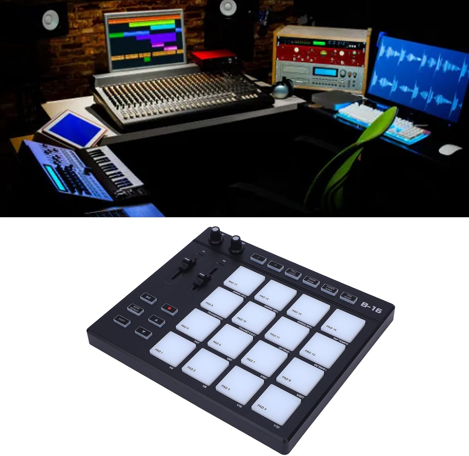 MIDI Controller Strike Pad, USB MIDI Controller Low Latency Drum Machine with 16 Beat Pads RGB Backlight 2 Assignable Fader Knobs for Melodic Samples Music Production