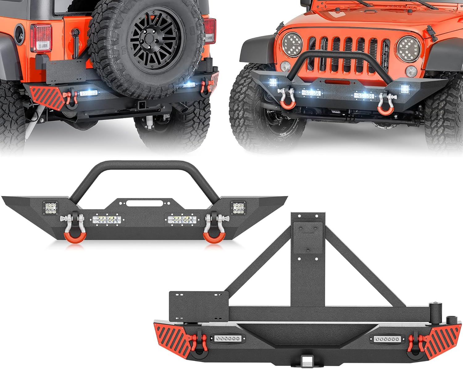 SUORTO Front & Rear Bumper with Spare Tire Carrier Compatible with 2007-2018 Jeep Wrangler JK JKU Unlimited w/Winch Plate, Paintable Armor, 2
