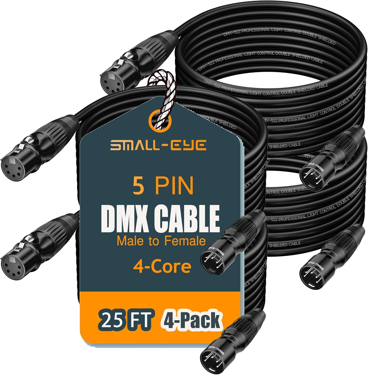 SMALL-EYE DMX Cables 25 ft 4 Pack - 5 Pin Male to Female, 4-Core Shielded DMX512 Stage Lighting Cable (25')