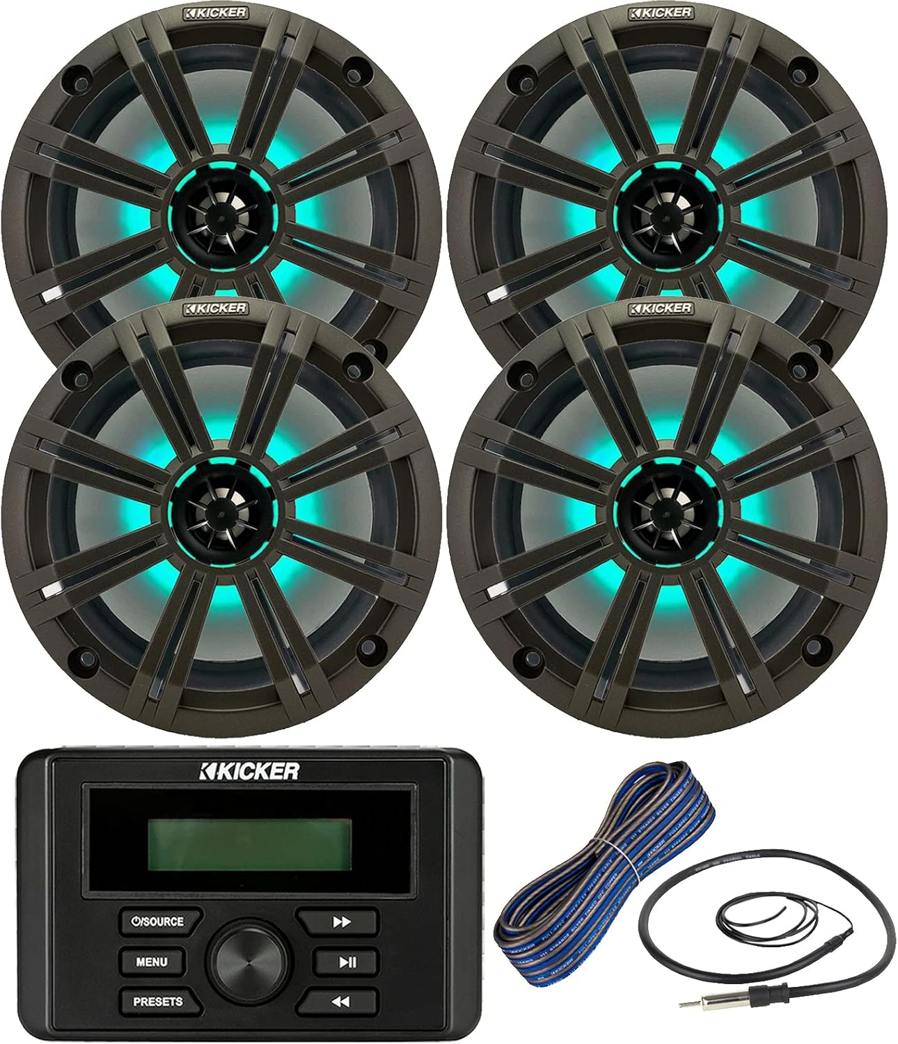 Kicker Weather-Resistant Marine Bluetooth USB RCA Stereo Receiver Bundle Combo with (QTY 4) 8