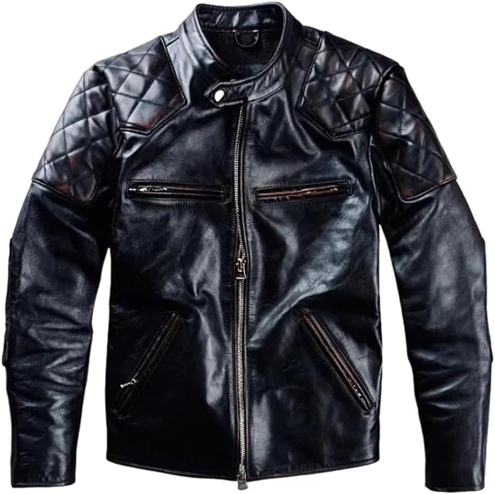 Men Vintage Genuine Natural Cowhide Stand Collar Slim Fit Black Winter Jacket Leather Coat