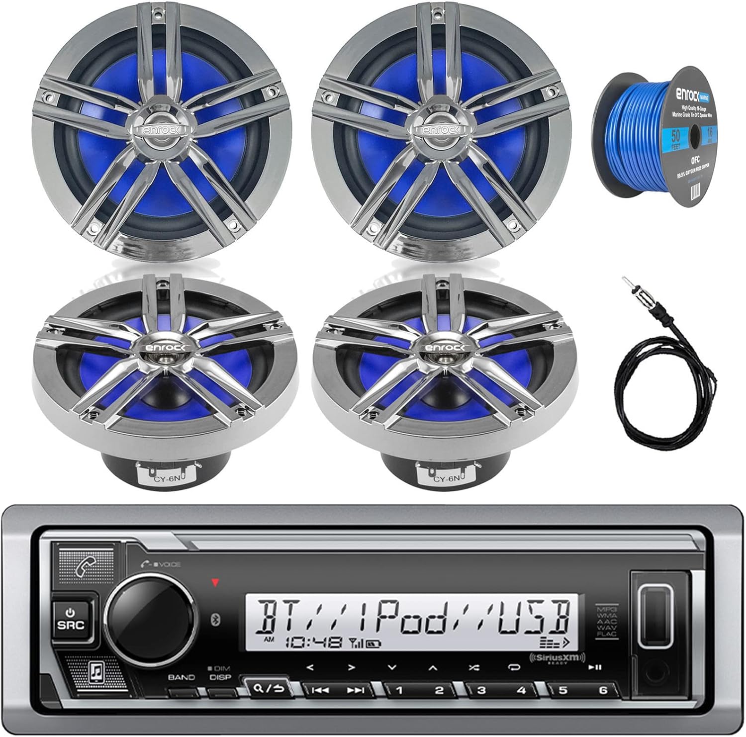Single DIN Marine Digital Media Bluetooth Receiver Bundle Combo with 4X Enrock Marine 6.5