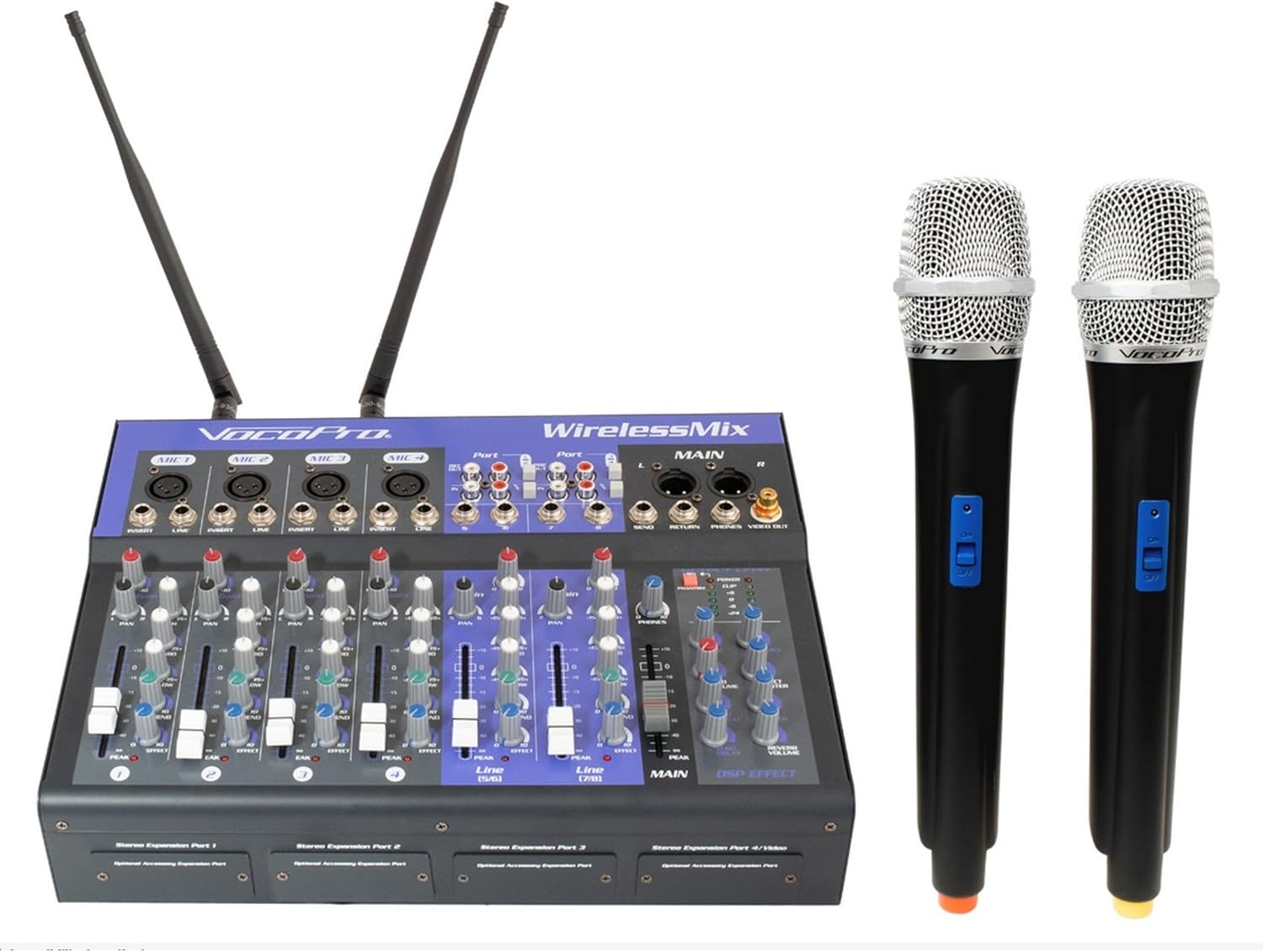 VocoPro 2000W PA System with Two Digital Wireless Vocal Microphones, Eight Channel Mixer with DSP Vocal Effect and Two 15-inch Powered Speakers with Build-in Derby Light.