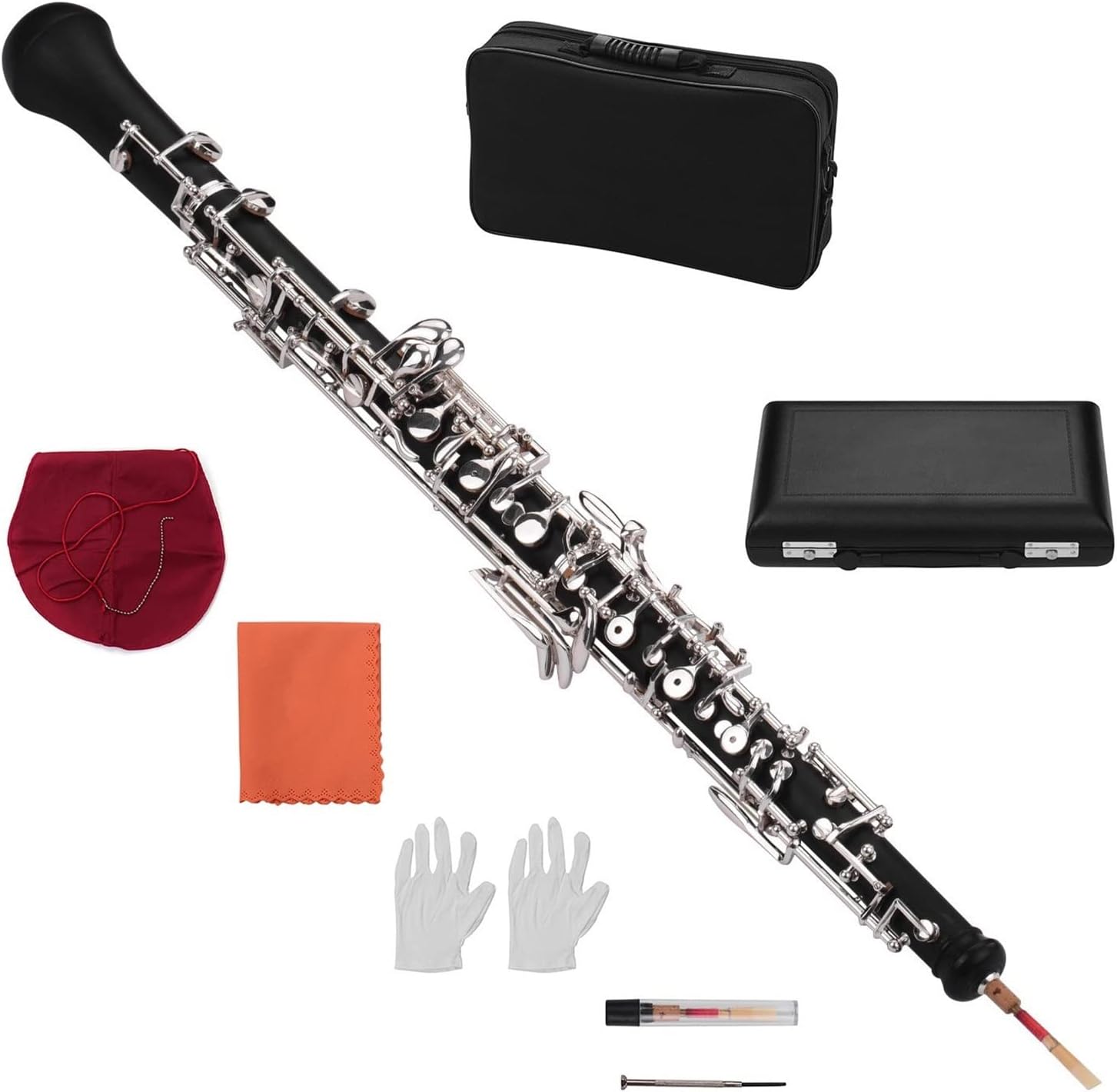 Professional C Key Oboe Semi-Automatic Style Woodwind Instrument with Oboe Reed Gloves Leather Case Carry Bag Oboes Beginner (Color : Silver-Plated Keys)