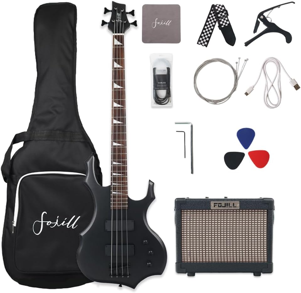 Fojill Cool Shape Full Size Electric Bass Guitar 10W Battery Power Bluetooth Amplifier Amp Beginner Starter Kit Set Combo Bundle Accessory Gig Bag,Picks,Capo,Noiselss Cable,Strings (Metallic Black)