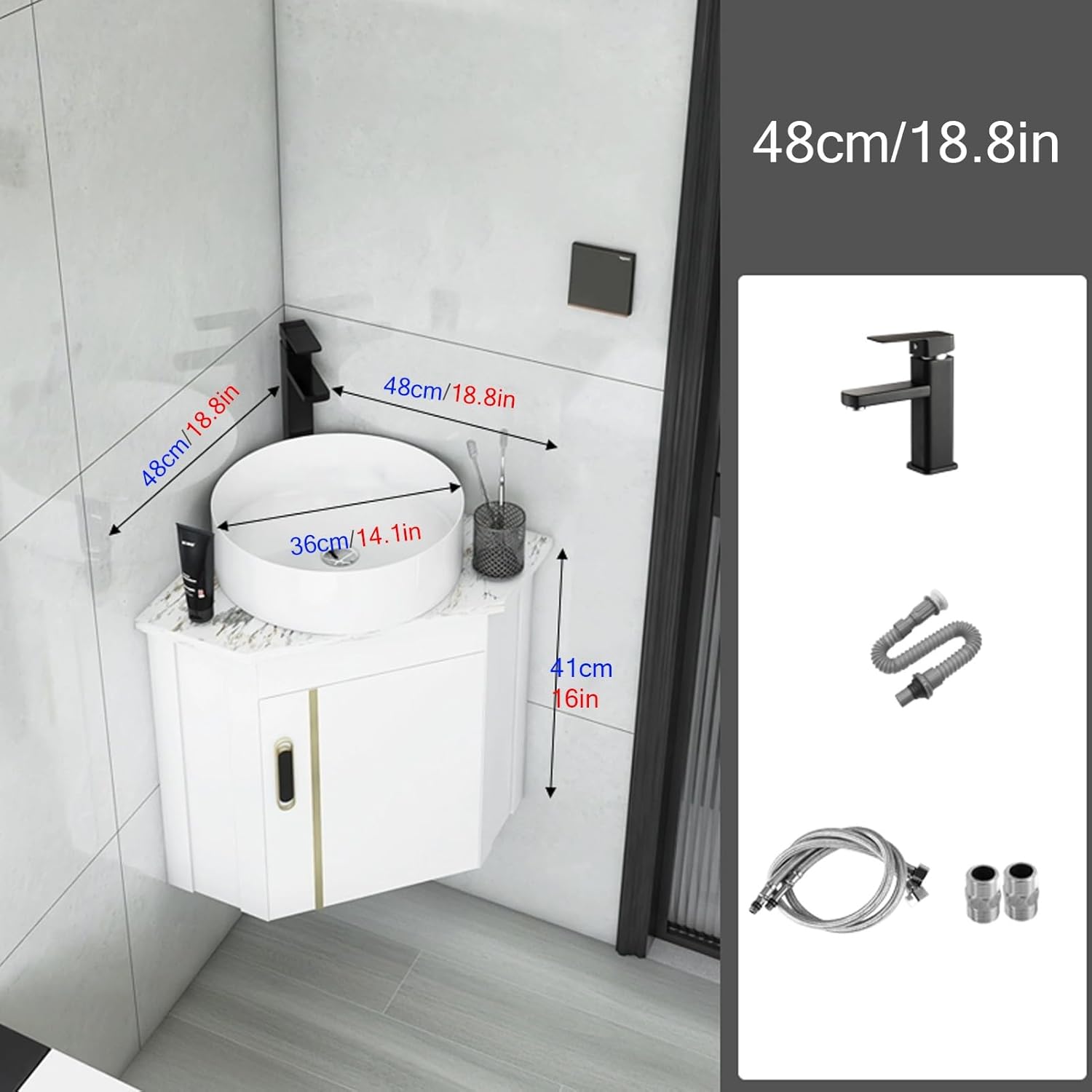 Corner Bathroom Vanity, Ceramic Wall Mount Corner Bathroom Sink, Floating Wash Basin, Ceramic Corner Sink For Small Spac, Mini Vessel Sink, Laundry Tub, Rv Bathroom Sink(18.8inchx48cm)