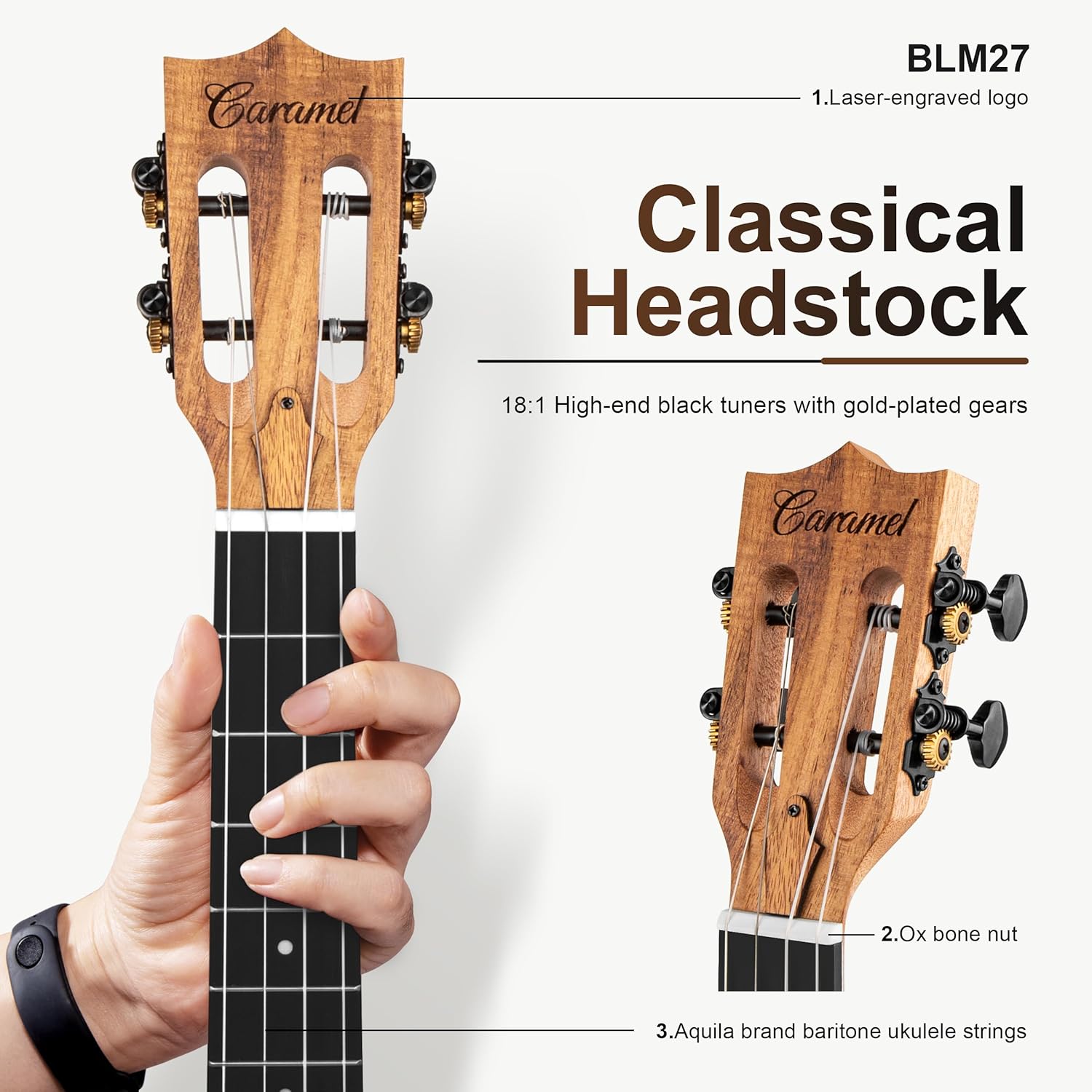 Left Handed - Caramel BLM27 Acacia Baritone Acoustic & Electric Ukulele