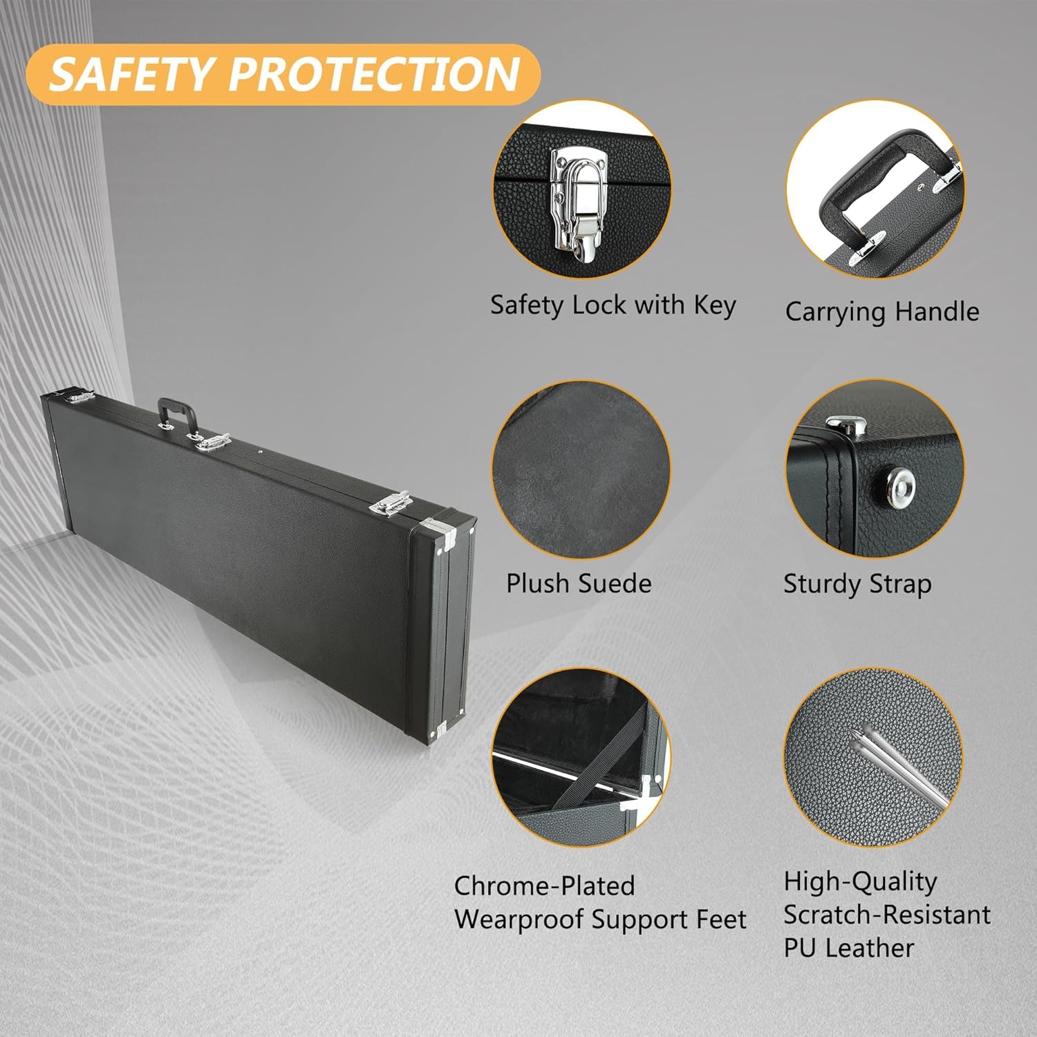 Electric Bass Guitar Hard Case Wooden Hard Shell Black Carrying Case Lockable with Key Square - 48 x 15.4 x 3.5 inches