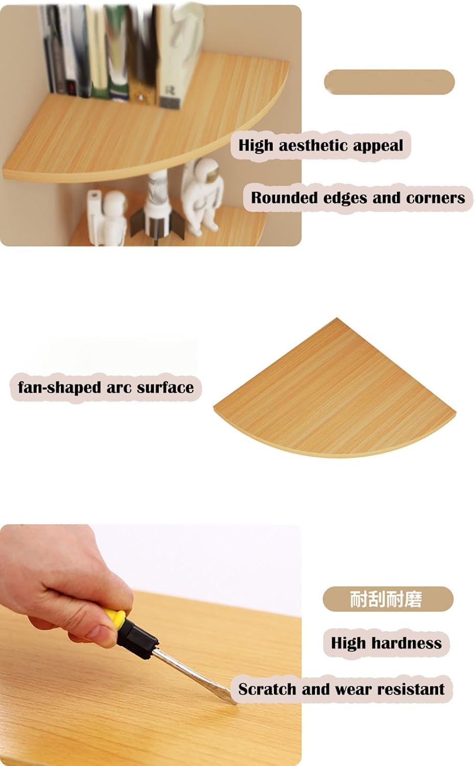 Set of 4 Floating Corner Shelves-Round End,Wall Mounted Shelves for Bathroom,Bedroom Kitchen-Versatile for Room Decor and Display(Black,22cm)