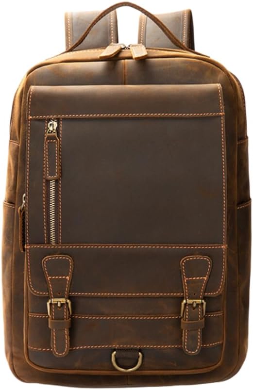 Genuine Leather Backpack for Men Vintage Water Resistant Sling Bag Travel Business Laptop Vertical Zip Gift Box (Light Coffee)