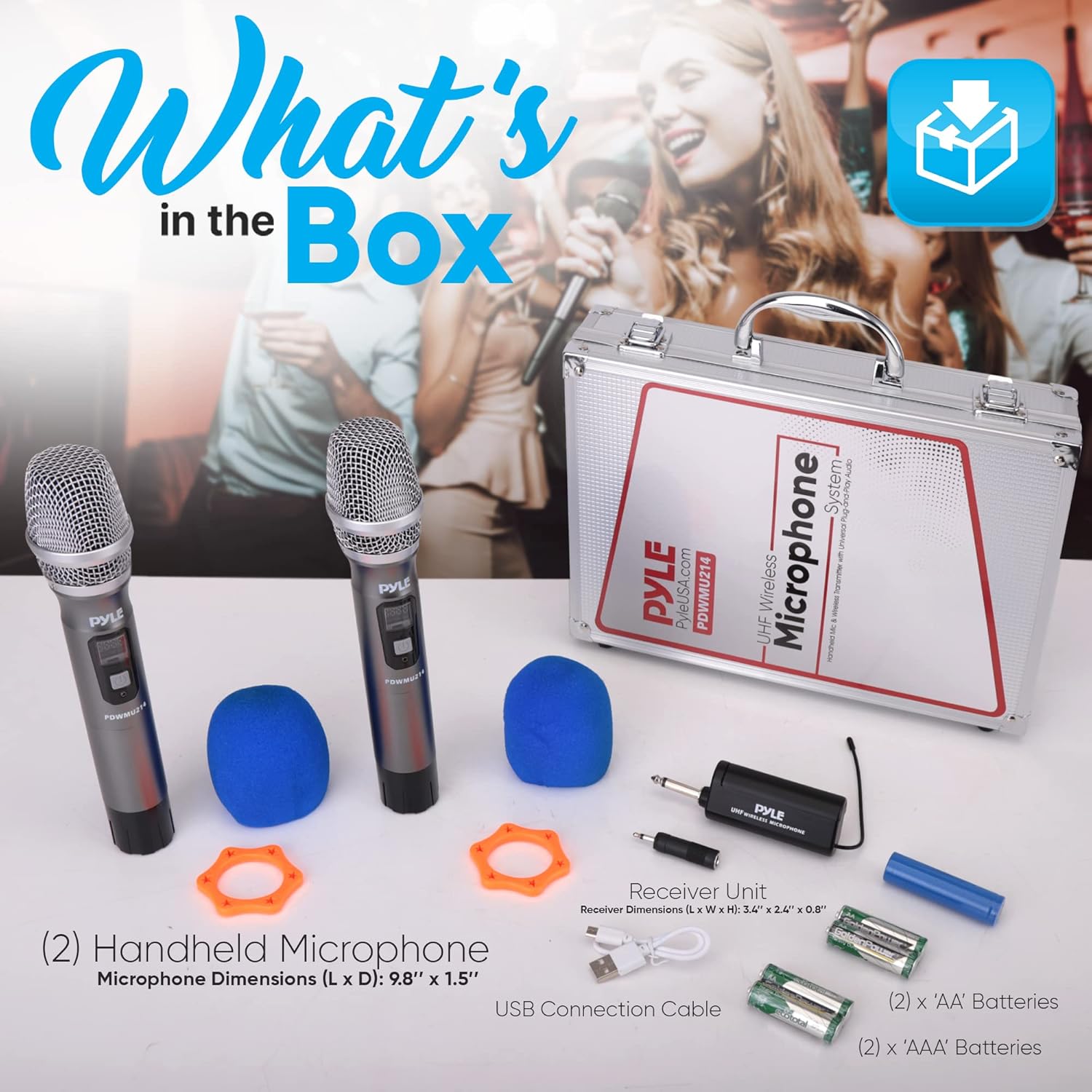 Pyle Dual UHF Wireless Microphone System - Professional Handheld Dynamic Cordless Mics with Receiver Kit - Battery Powered, Unidirectional, Clear Vocals w/ 165ft+ Range - for PA, Karaoke, DJ, Party