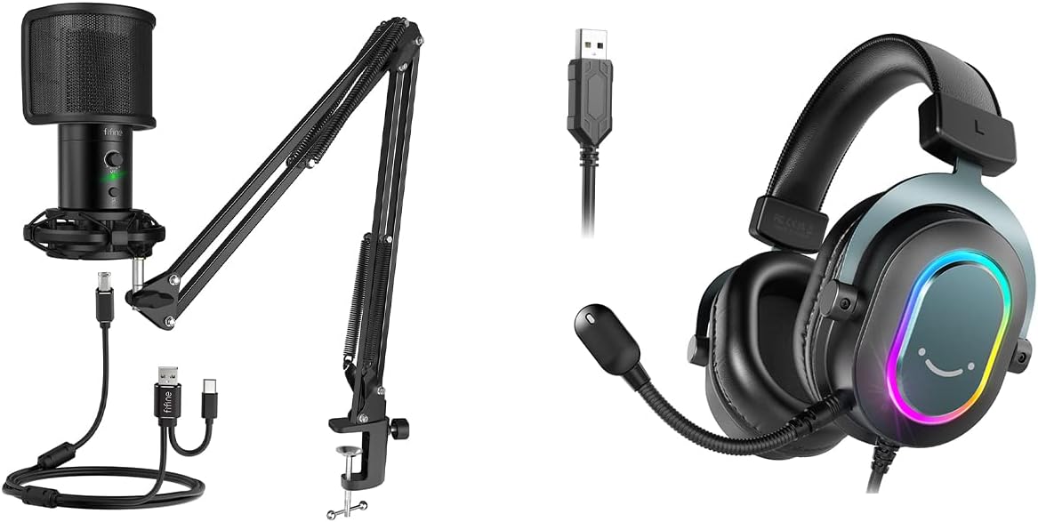 FIFINE USB Microphone for Mac and Gaming Headset, PC Microphone Kit,Mic Set with Mute Button & Gain, Computer USB Headset for Podcast Streaming Recording Twitch Discord YouTube Zoom (T683+H6)