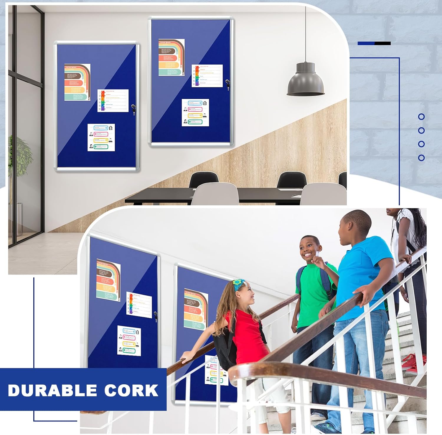 Blue Enclosed Bulletin Boards 36 x 46.5 Inch Lockable Noticeboard Displays Cork Boards Wall with Locking Door, Outdoor Bulletin Board Windproof Ideal for School Office Notices