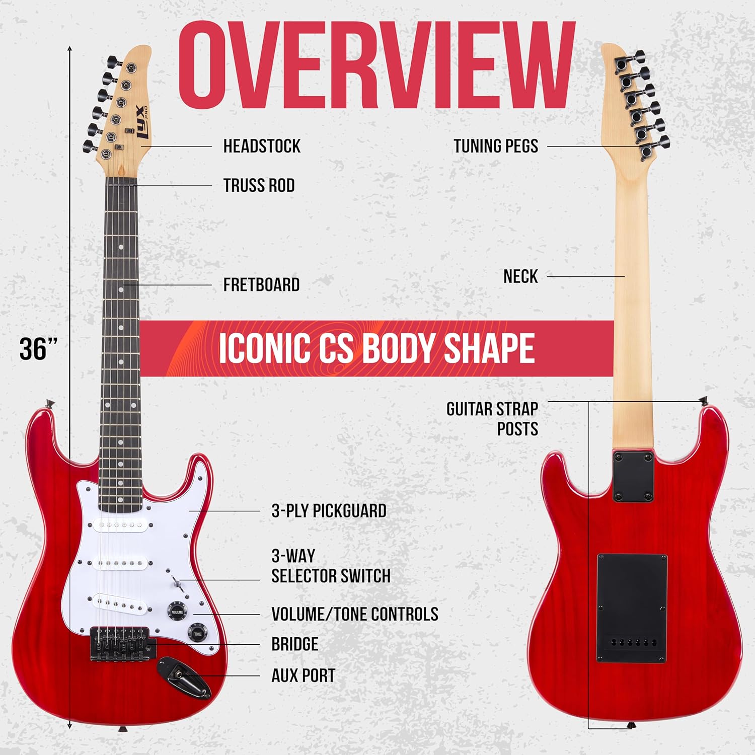 LyxPro CS 30” Electric Guitar Kit for Beginner, Intermediate & Pro Players with Guitar, Amp Cable, 6 Picks & Learner’s Guide | Solid Wood Body, Volume/Tone Controls, 5-Way Pickup - Red