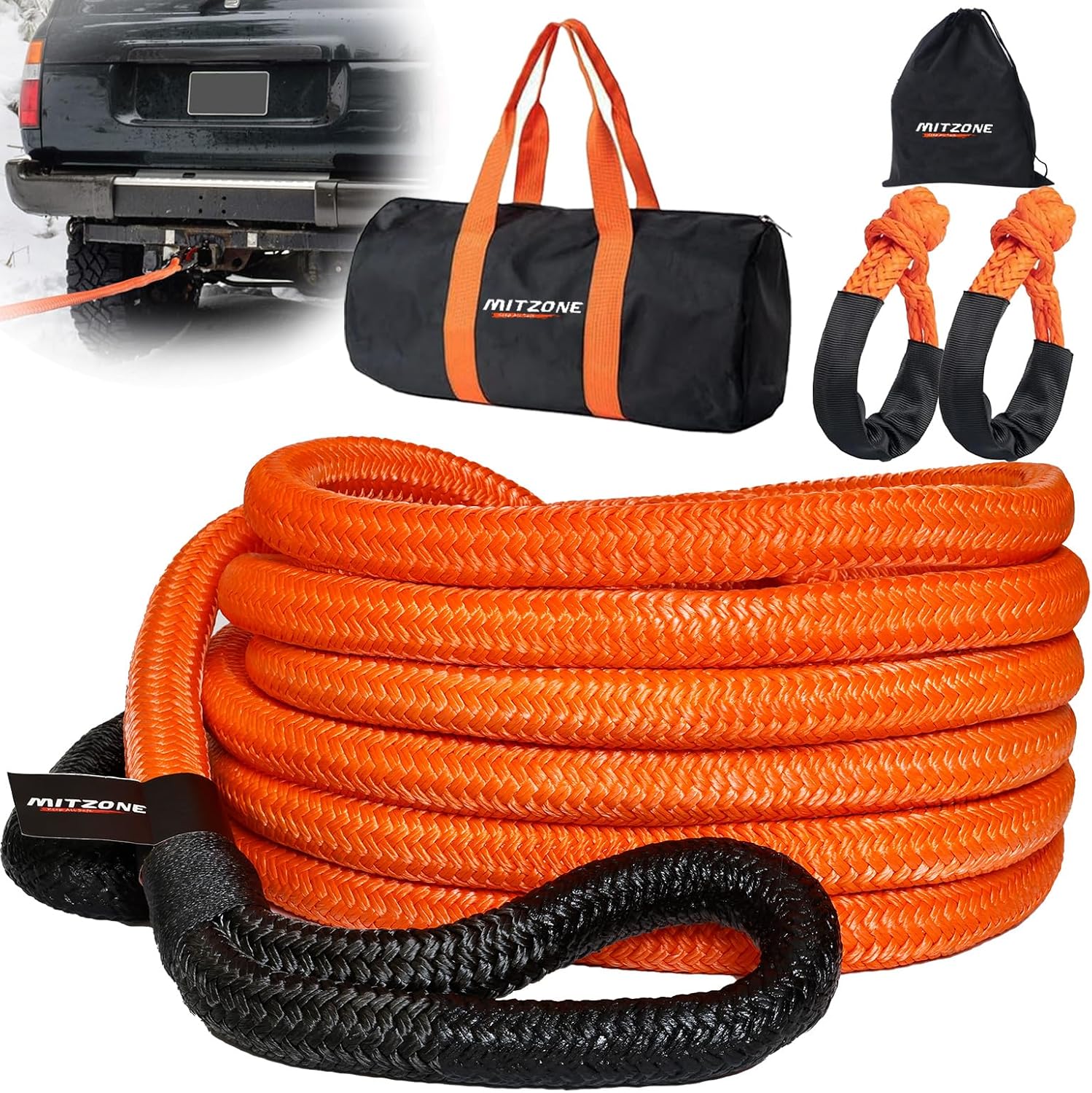 MITZONE Recovery Tow Strap,Heavy Duty Tow Strap Recovery Kit,Car Vehicle Heavy Duty Recovery Rope 44092 lbs for Diesel Trucks, SUV, ATV, Backhoe, Excavators, Ring Shackles, Storage Bag