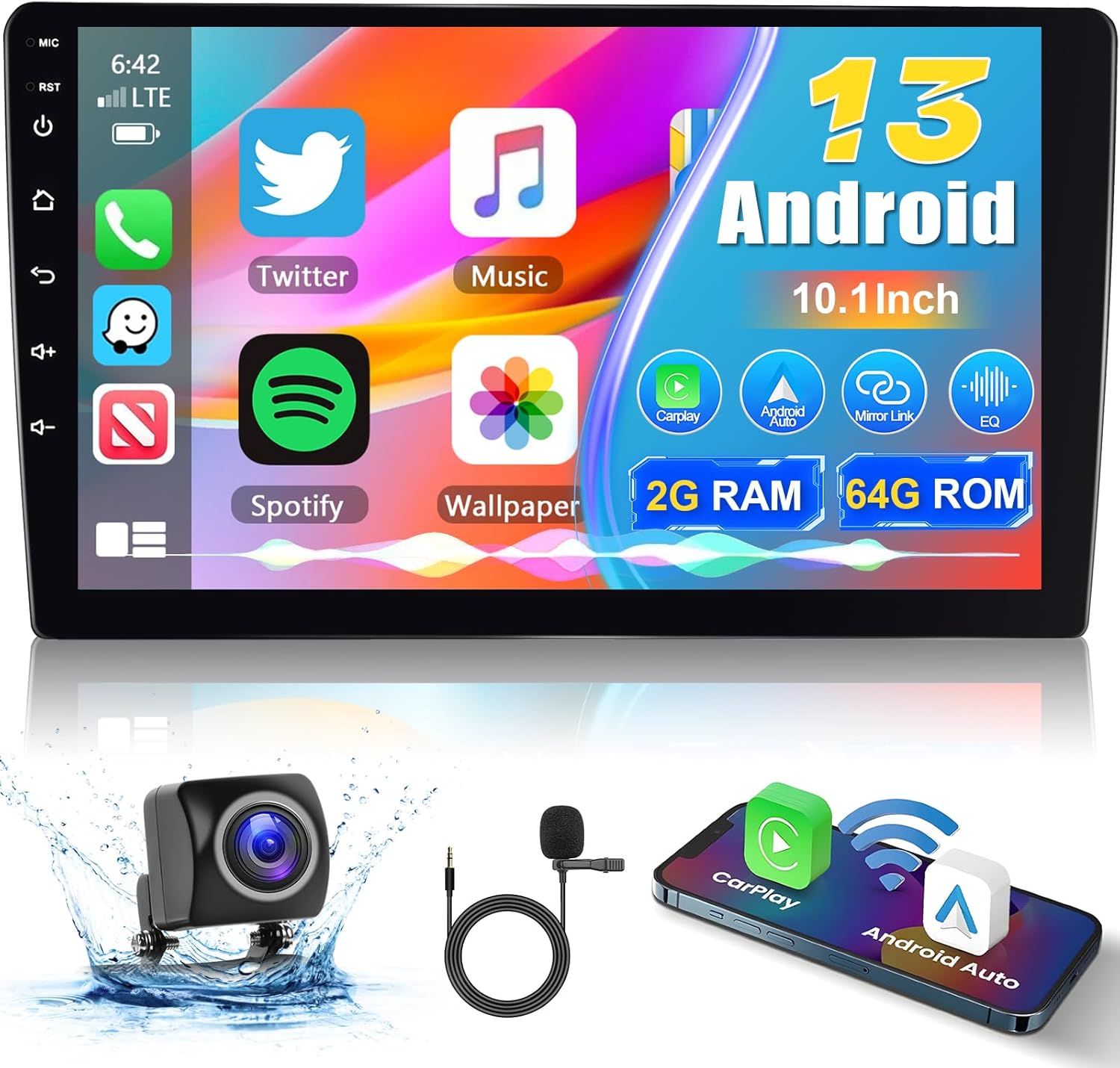 【8Core 2+64G】Android 13.0 Wireless Apple Carplay & Android Auto 2Din Car Stereo,10.1” 1280*720 IPS Touchscreen Double Din Car Radio Receiver with Bluetooth/GPS/Mirror Link/SWC/WiFi+AHD Backup Camera