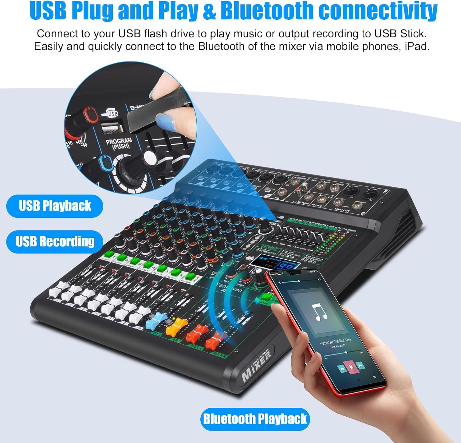XF8 Professional Audio Mixer Sound Board Console Desktop System Interface 8 Channel Digital USB Bluetooth MP3 Computer Input 48V Phantom Power Supply Built-in 99 Reverb Effect (XF8)