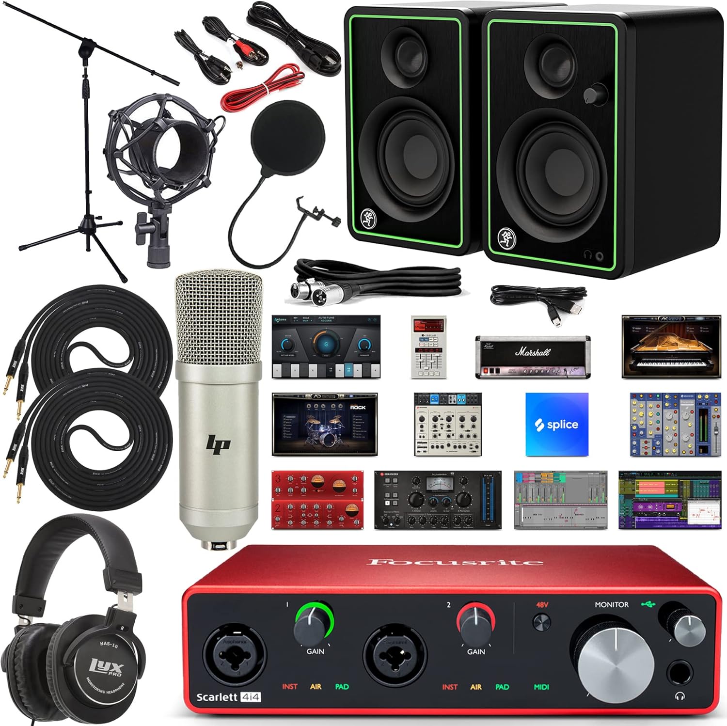 Focusrite Scarlett 4i4 USB-C Audio Interface Studio Bundle with Mackie CR3-X Monitors Condenser Microphone Headphones Boom Stand Pop Filter XLR and TRS Cables and Production Software