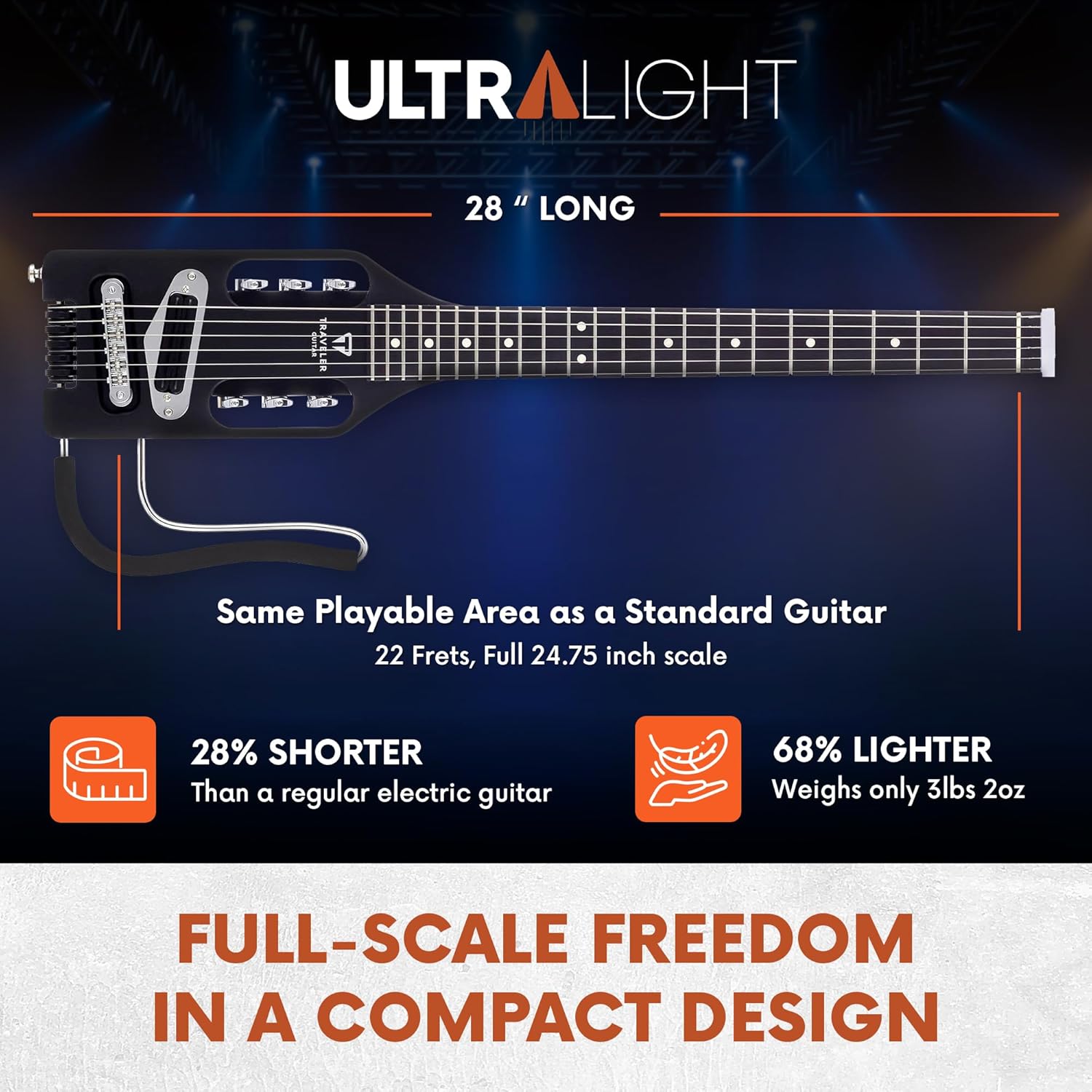 Traveler Guitar Ultra-Light Electric Guitar Matte Black | Portable Electric with Removable Lap Rest | Full 24 3/4