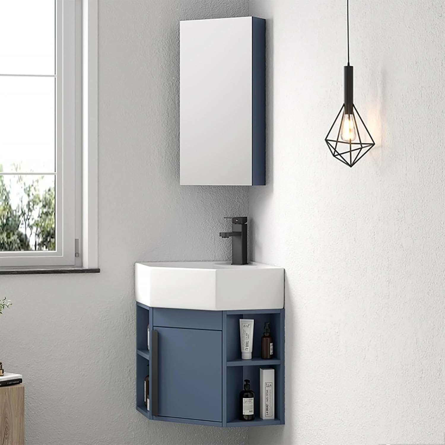 Corner Wall Mount Bathroom Sink Corner Balcony Sink with Storage Container Corner Bathroom Sink Corner Ceramic Sink Corner Bathroom Vanity Corner Bathroom Vanity with Sink(17.7in/45cm)