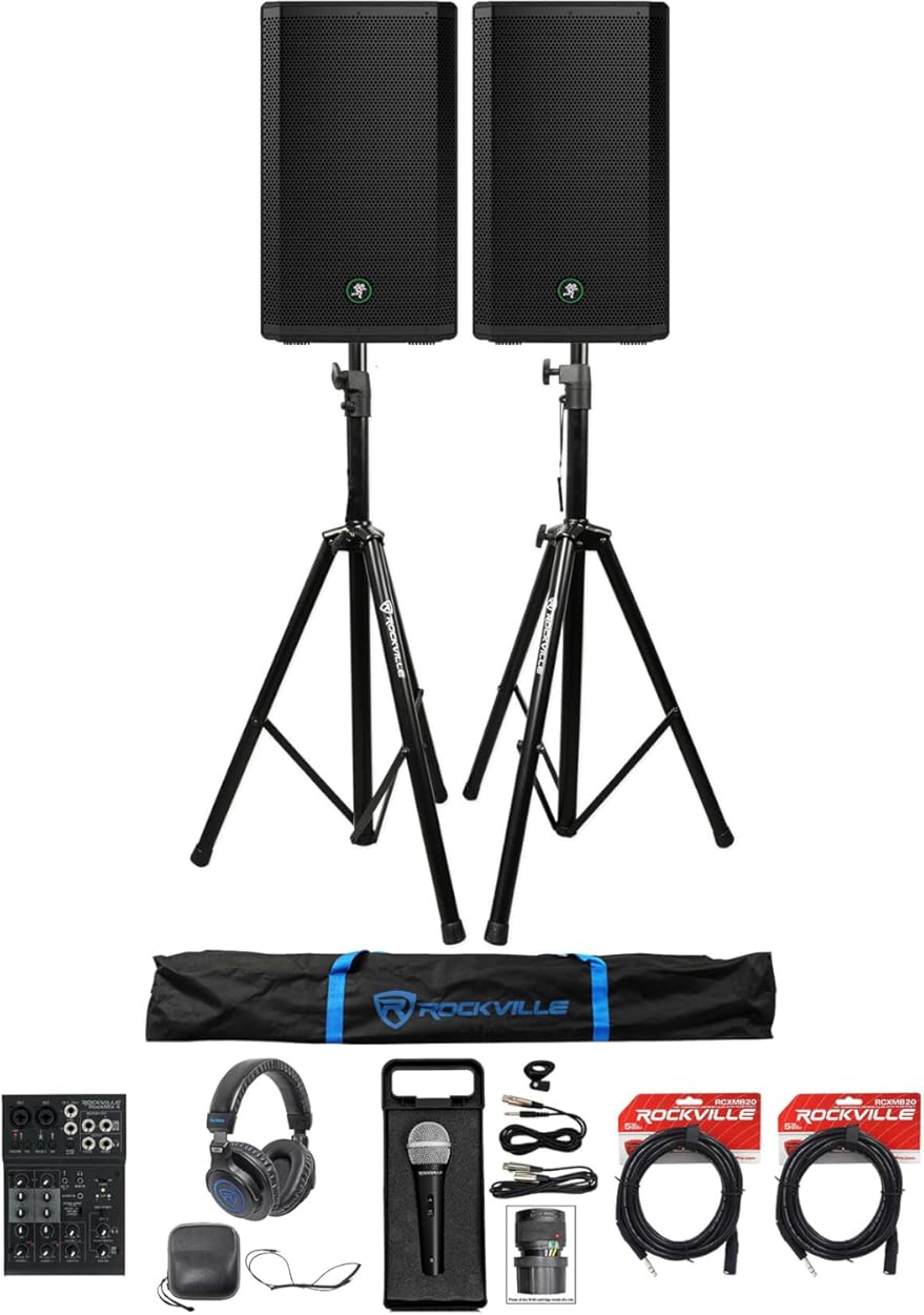 Audiosavings Bundle: (2) Mackie Thrash212 Speaker Bundle with (2) Rockville Stands, (2) Rockville RCXMB20B Cable, Rockville RMC-XLR Mic, Rockville DJ1500 Headphones + Rockville RockMix Mixer (8 Items)