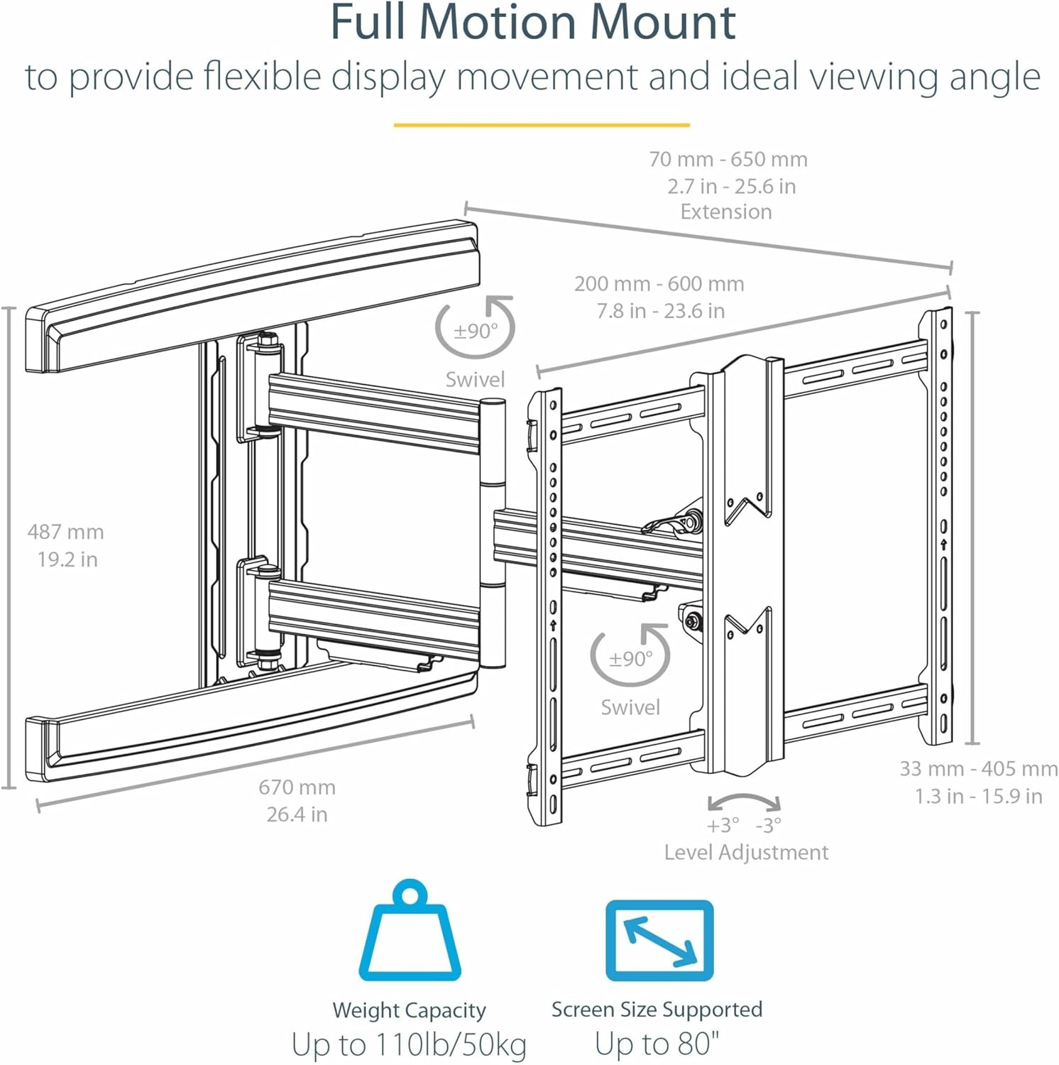 StarTech.com TV Wall Mount for up to 80 inch (100lb) VESA Mount Displays - Low Profile Full Motion Universal TV Wall Mount Bracket - Heavy Duty Adjustable Tilt/Swivel Articulating Arm (FPWARTS1)