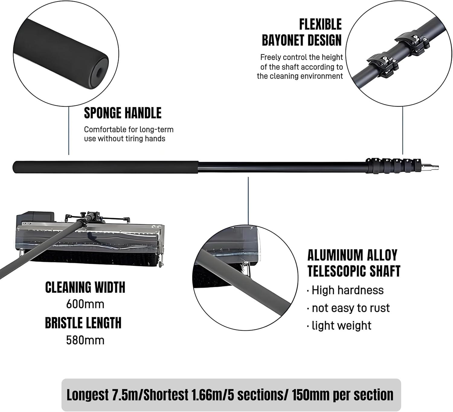 Solar Panel Cleaning Roller Brush, 24.6FT Adjustable Window Cleaning Brush and Pole, Automatic Solar Panel Brush for Cleaning PV Panel Plug