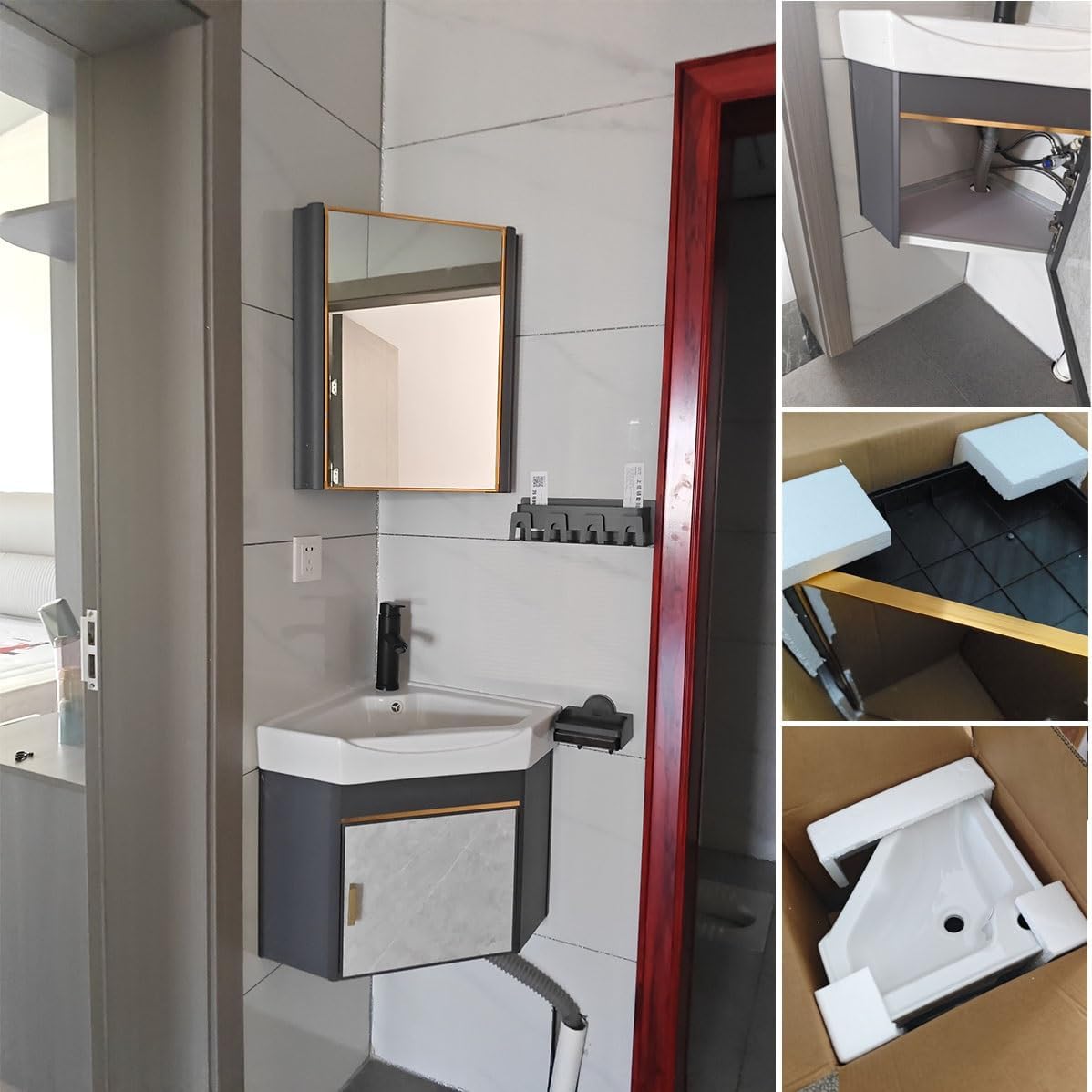 Corner Bathroom Vanity Sink Combo with Mirror, Wall Mount Corner Bathroom Sink Cabinet, Ceramic Bathroom Corner Sink for Small Bathrooms(56cm/22in)