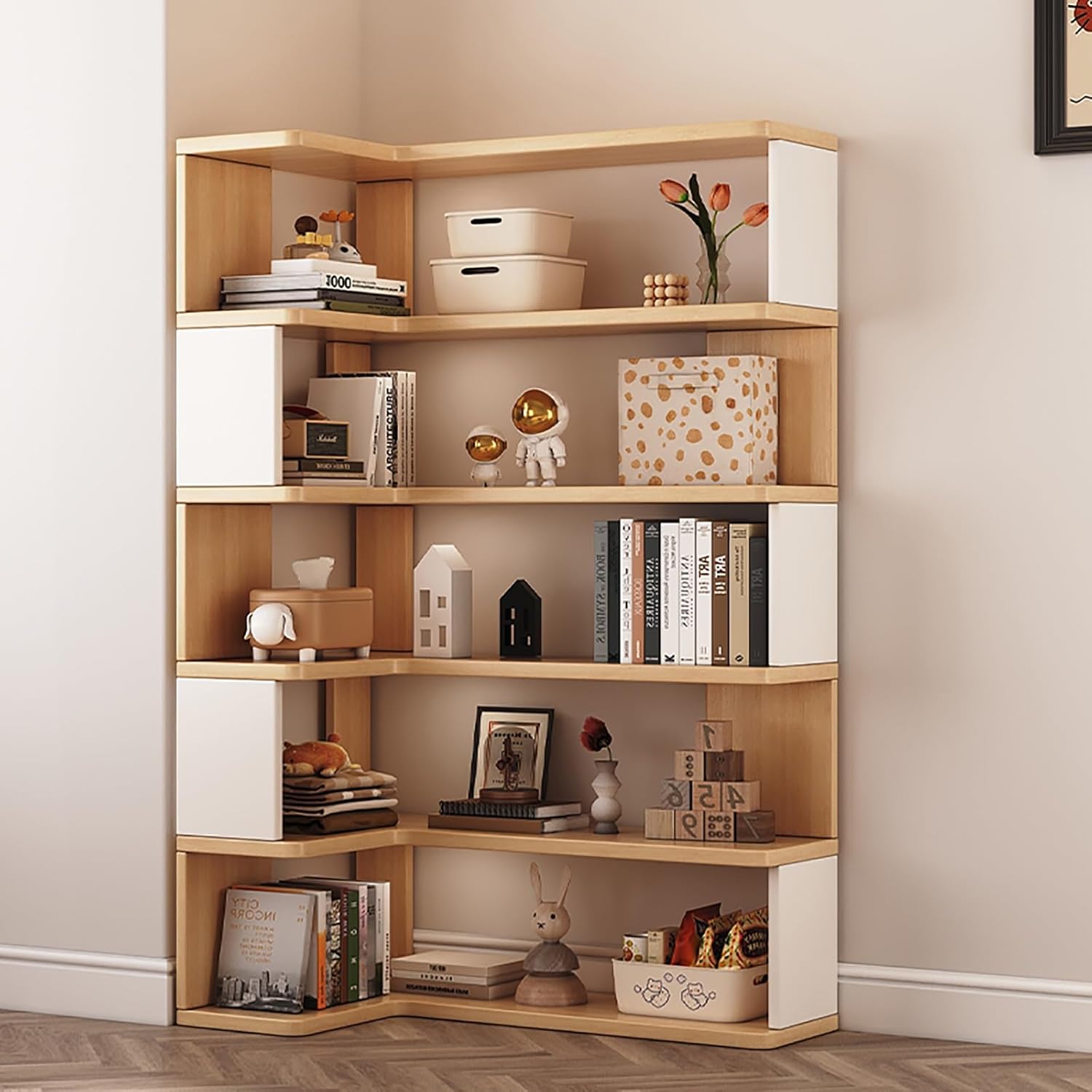 5 Tier Corner Bookshelf Etagere Bookcase with Baffle, Decorative Storage Freestanding L Shaped Display Shelf Stand for Home Office, Living Room, Bedroom, Kitchen(White)