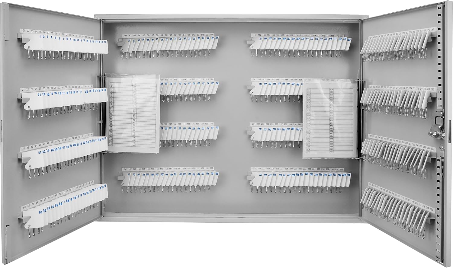 Barska 320-Position Key Cabinet – Steel Key Lock Box with Numbered Hooks, Key Log Sheet, White Tags & Index Chart – Wall-Mount Organizer, Gray Finish