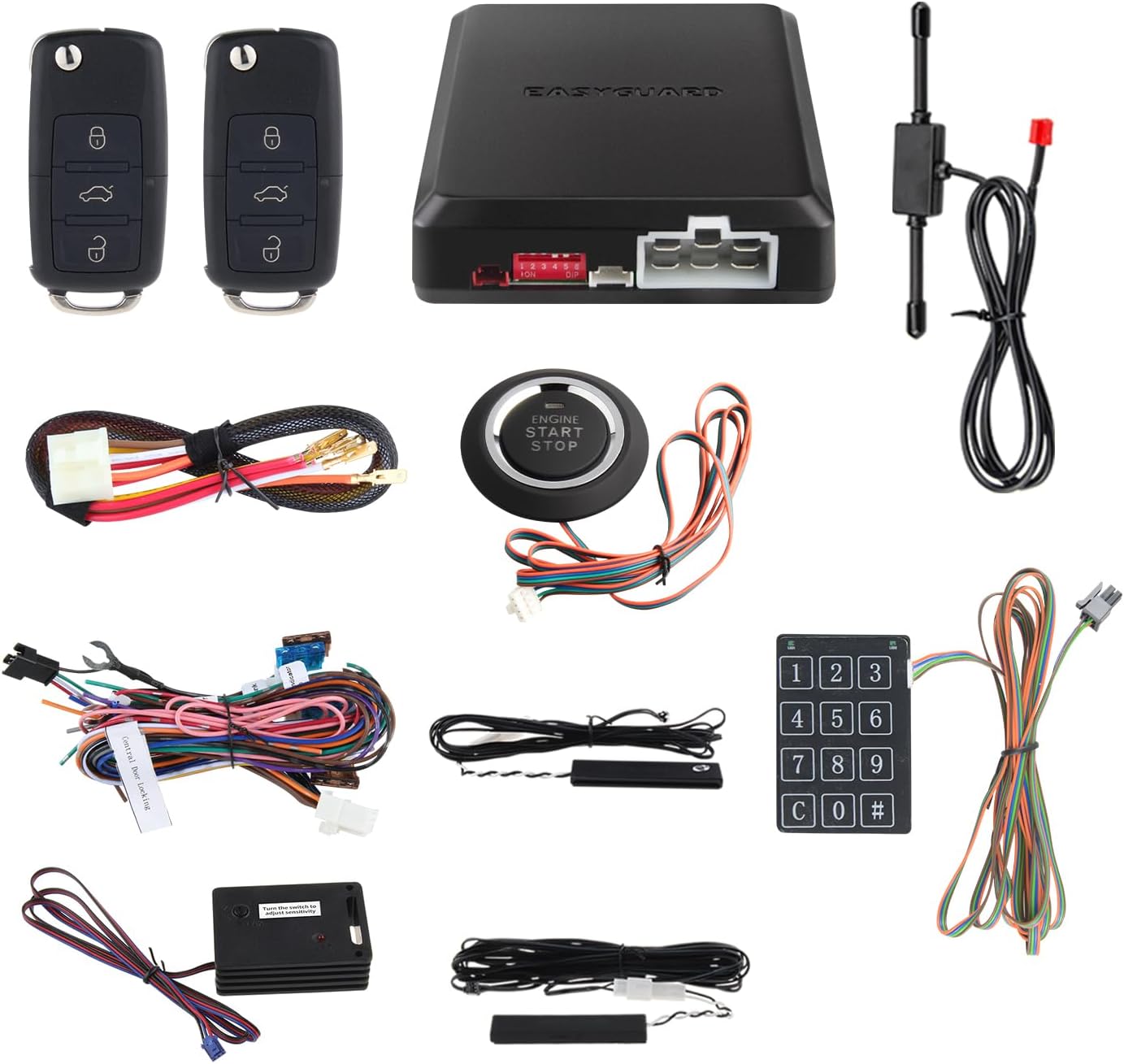 EASYGUARD EC002-V-NS Passive keyless Entry PKE car Alarm Push Button Start Remote Engine Start Vibration Alarm DC12V