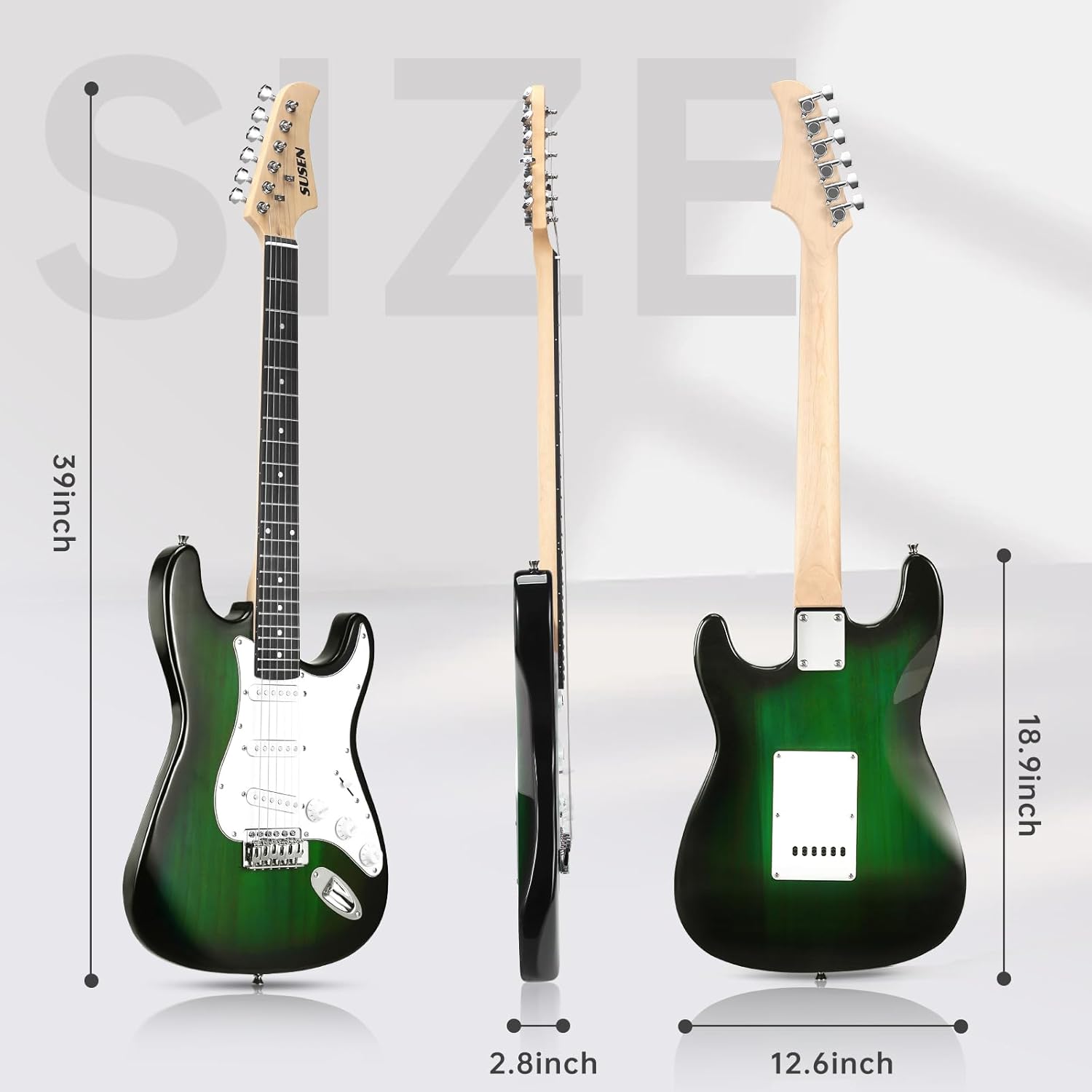 Electric Guitar, 39 Inch Solid Full-size Electric Guitar S-S-S Pickups Starter Kit Includes Amplifier, Bag, Digital Tuner, Strap, String, Cable, Picks，Mini AMP（Green (Green)