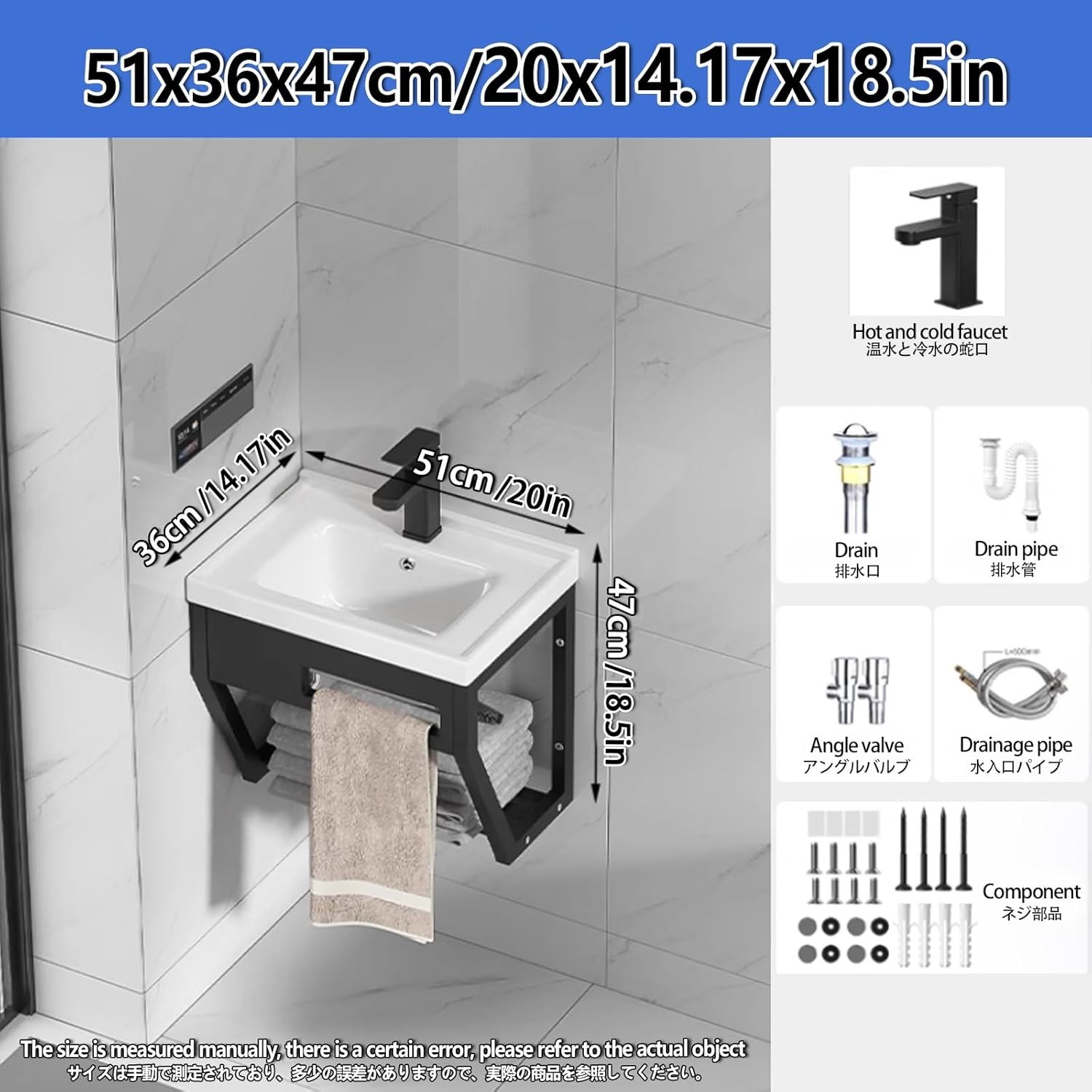 Bathroom Vessel Sink, Small Wall Mount Corner Sink, Corner Bathroom Vanity Cabinet and Sink with Storage Rack with Cold and Hot Water Pipe Fauc