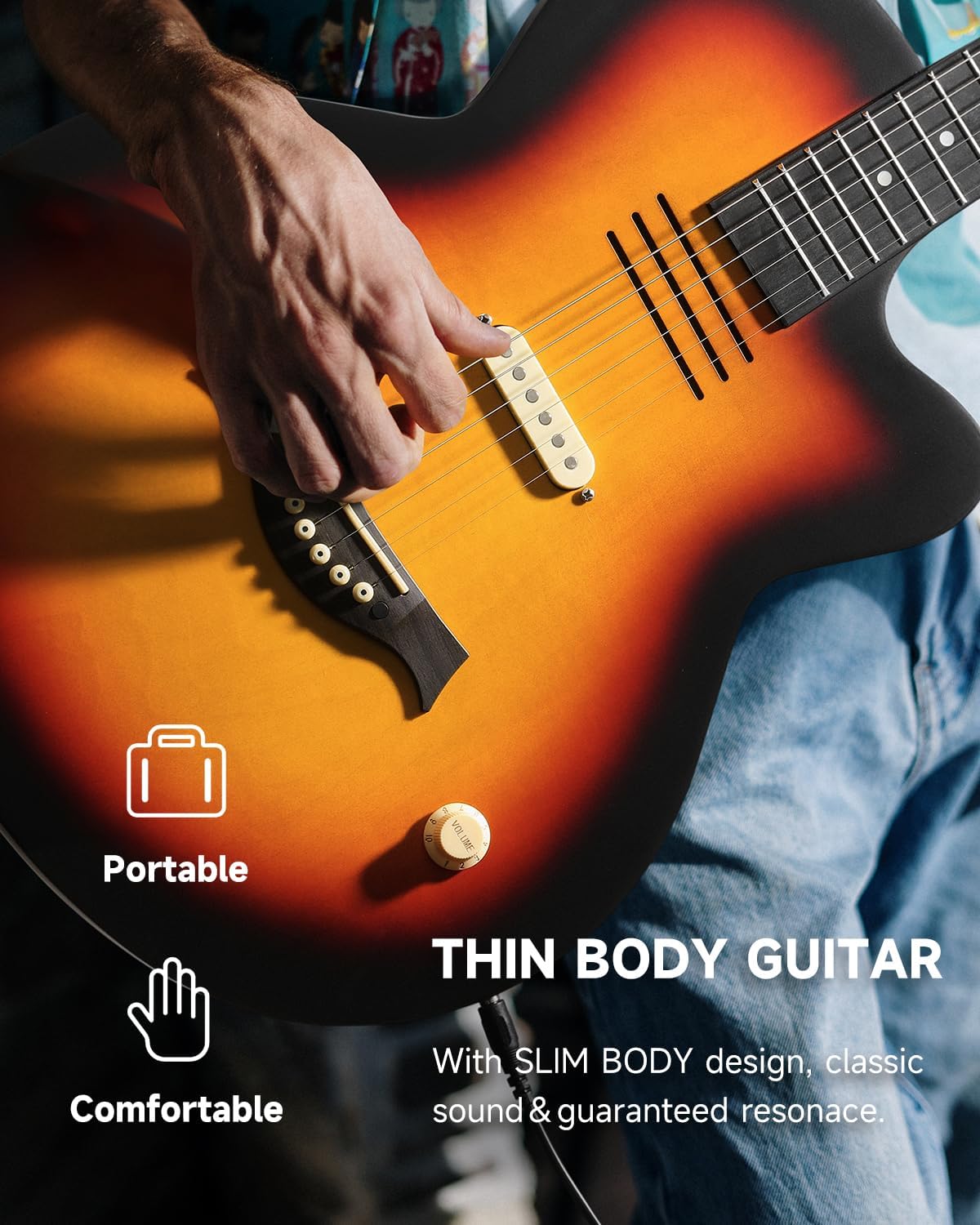 Moukey BCC-100 Acoustic Electric Guitar 39-Inch, Cutaway Guitar with Passive Pickup, Gig Bag, Strap, Picks, Tuner, and Capo, Dual Acoustic＆Electric Modes, Sunburst