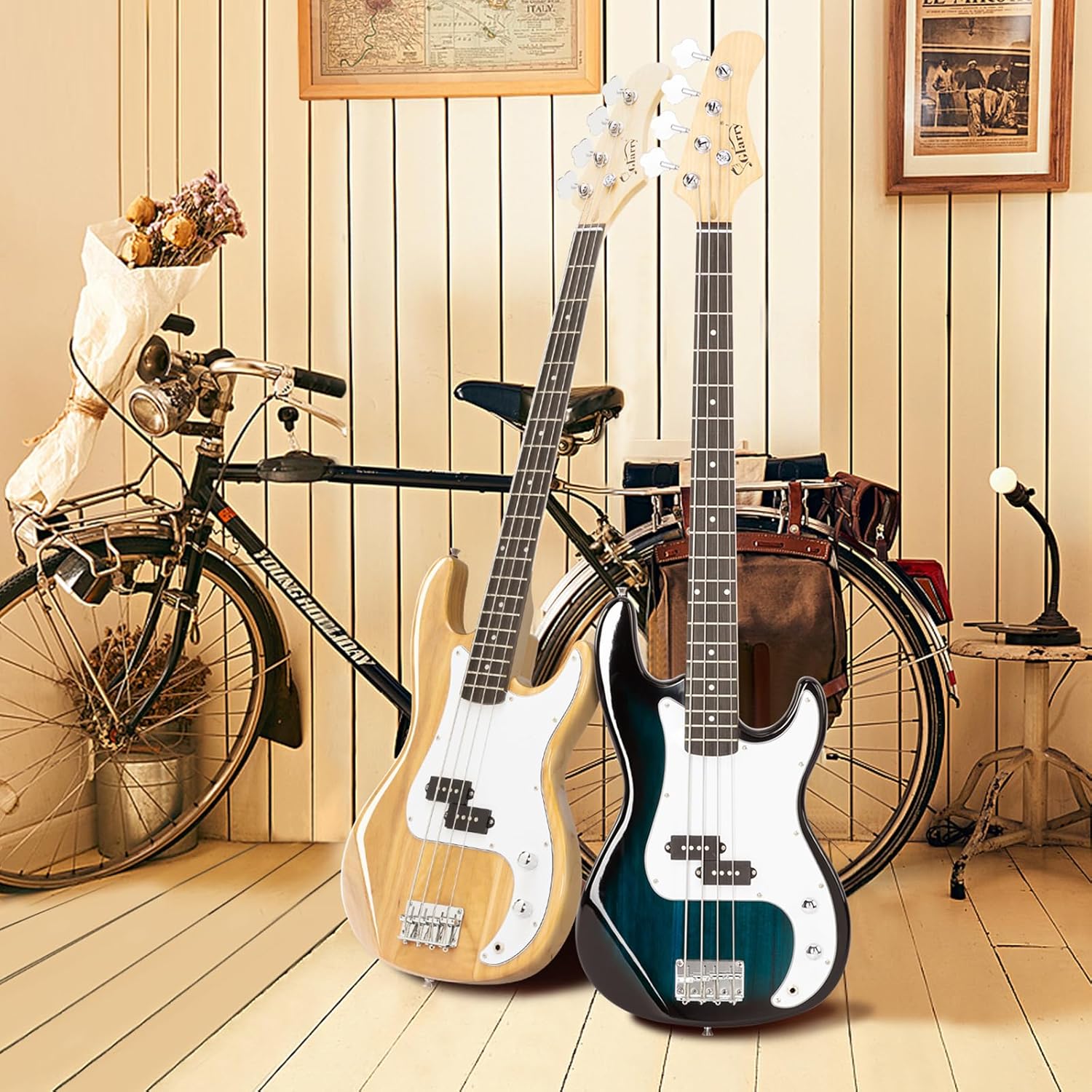 Glarry P Electric Bass Guitar Kit Basswood, Guitar with Cord Wrench Tool Case Belt Plectrum for Beginners Blue