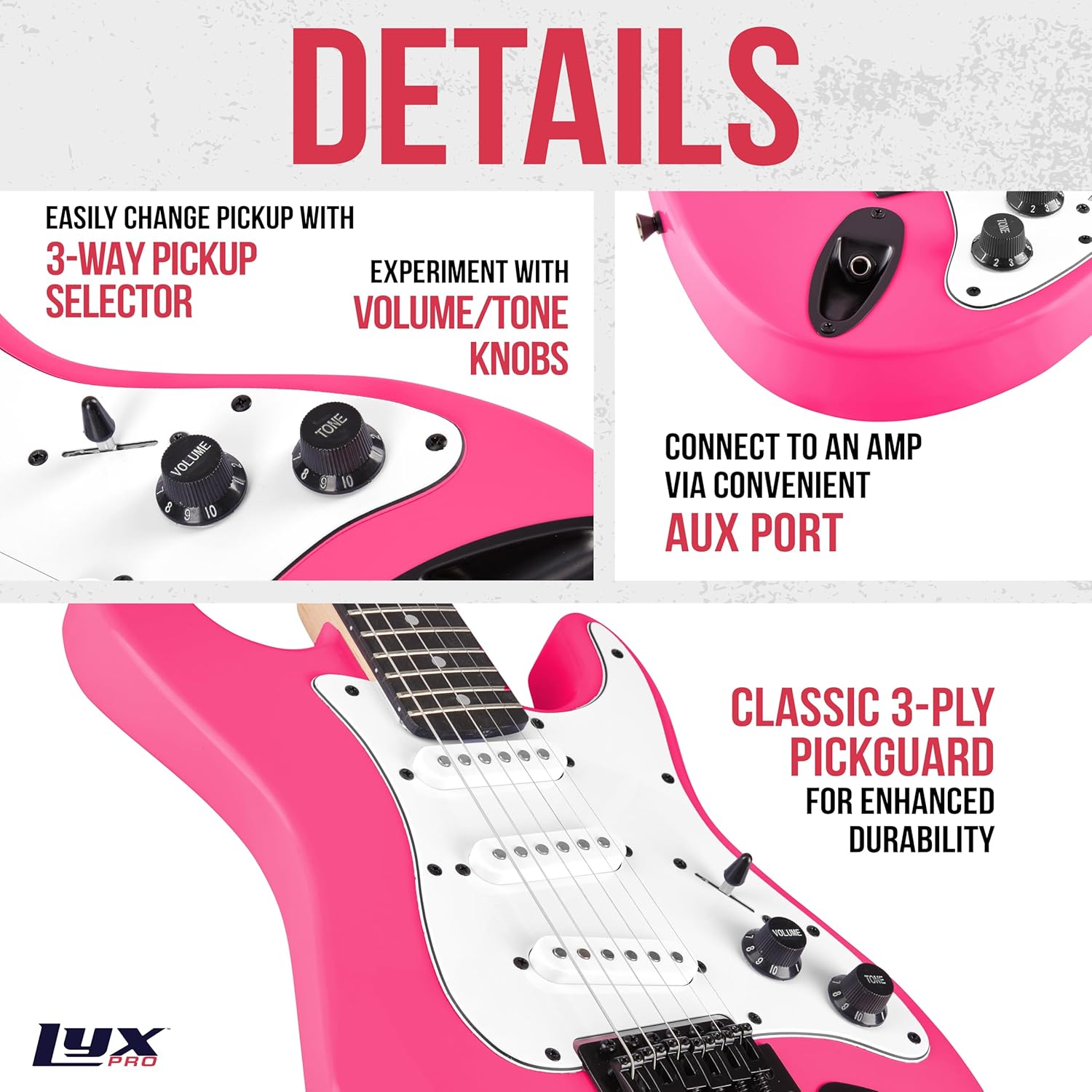 LyxPro CS 30” Electric Guitar Kit for Beginner, Intermediate & Pro Players with Guitar, Amp Cable, 6 Picks & Learner’s Guide | Solid Wood Body, Volume/Tone Controls, 5-Way Pickup - Pink